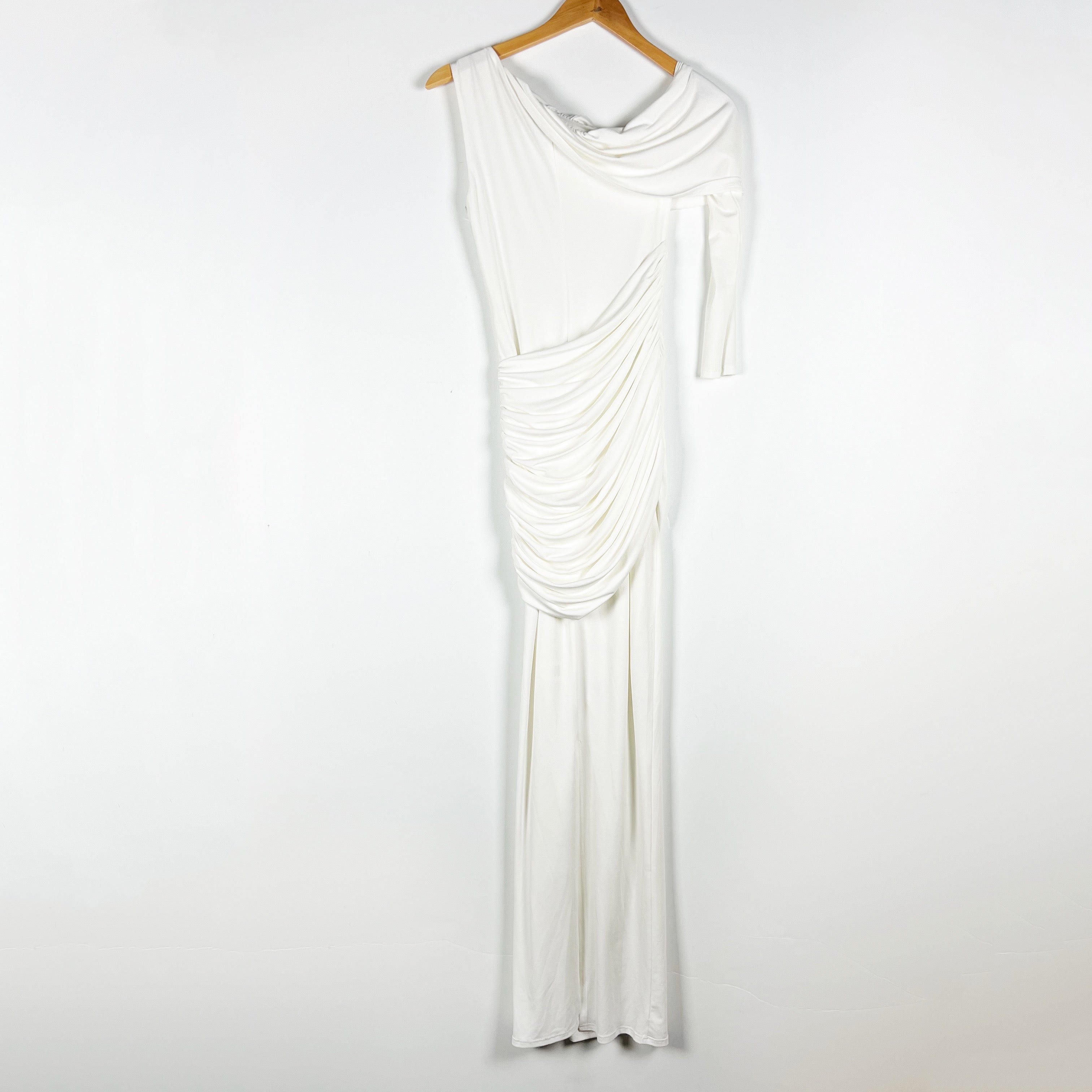 Michael Costello x Revolve Mireille Jersey Knit Stretch Draped Maxi Dress White
