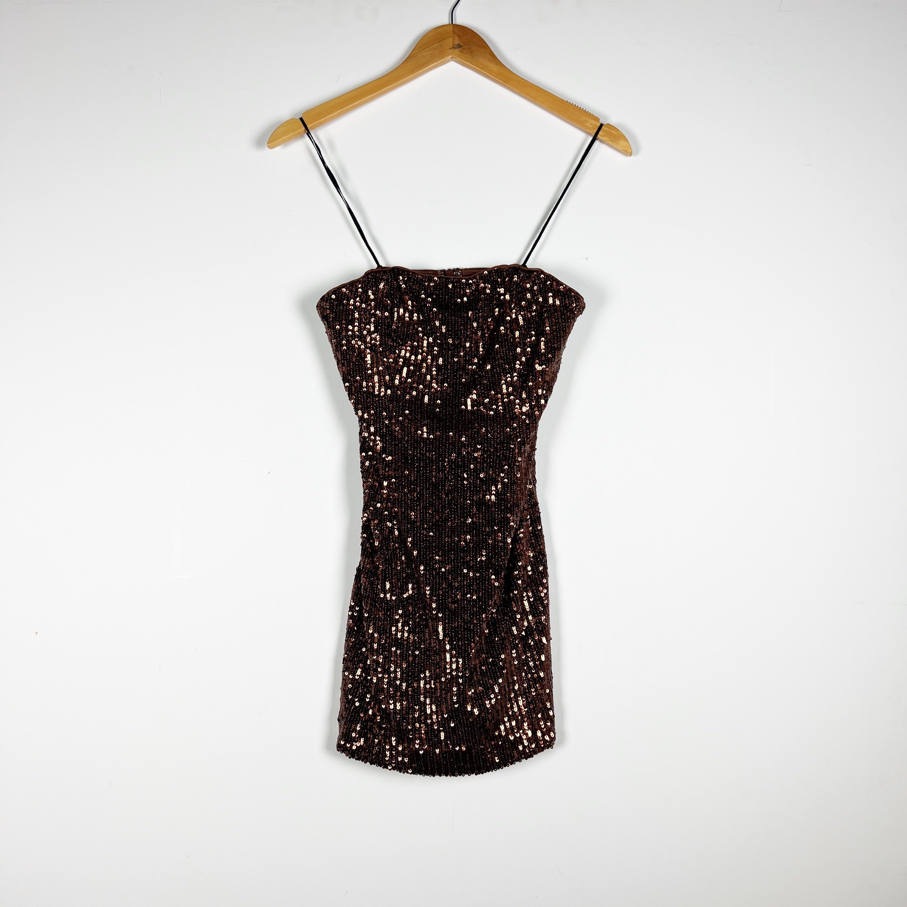NBD Janya Chocolate Brown Allover Sequin Sparkle Embellished Mini Party Dress XS