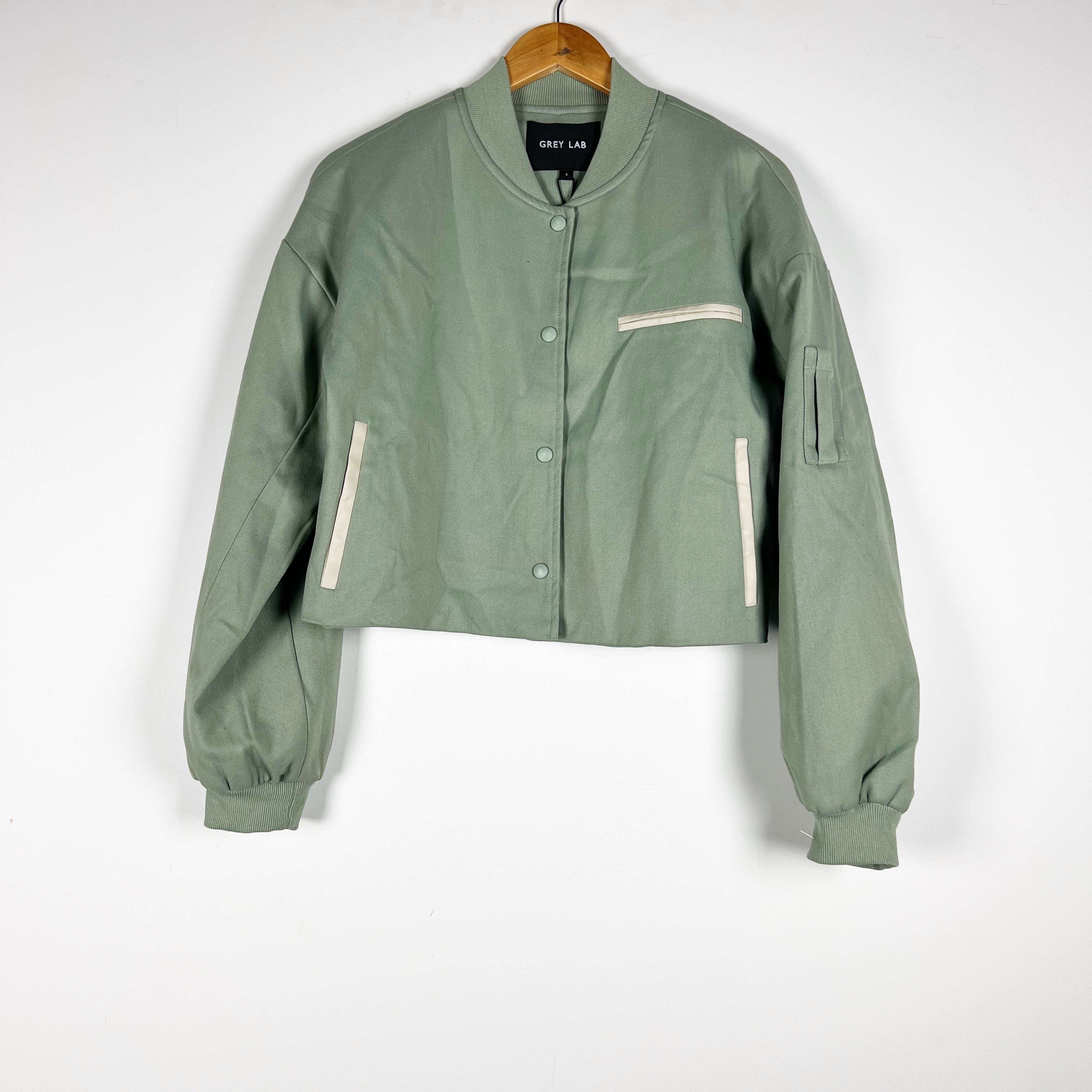 NEW Grey Lab Cropped Bomber Snap Button Jacket Sage Green Small