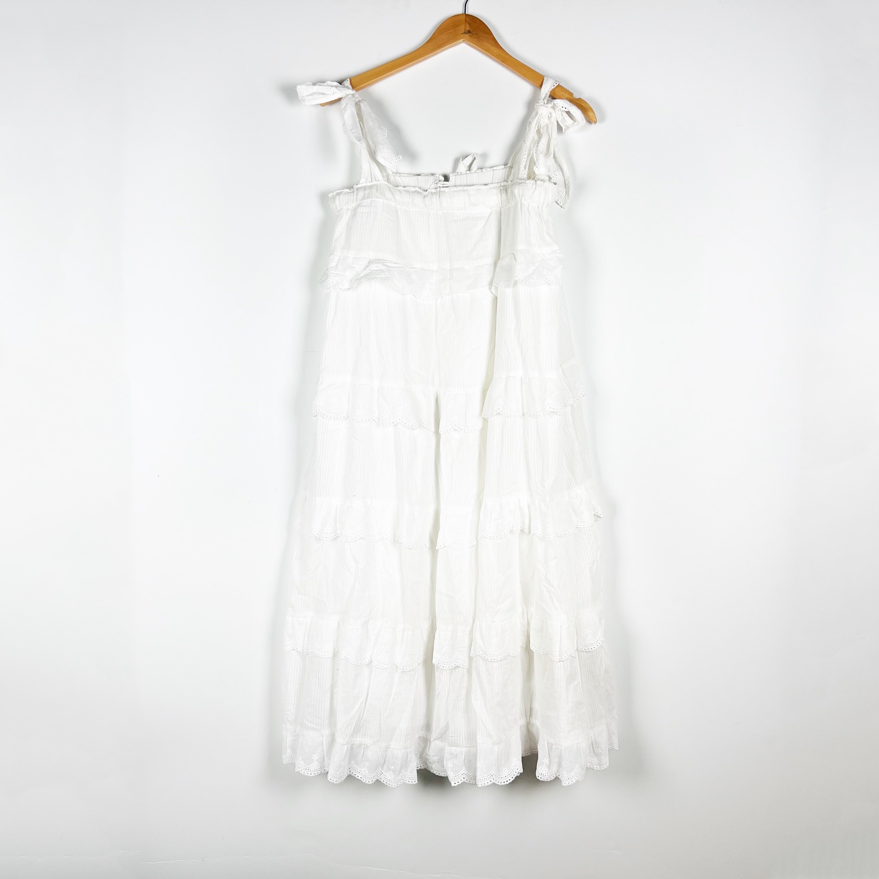 NEW Petal And Pup Harriette Cotton Ruffle Eyelet Tiered Midi Dress White XS