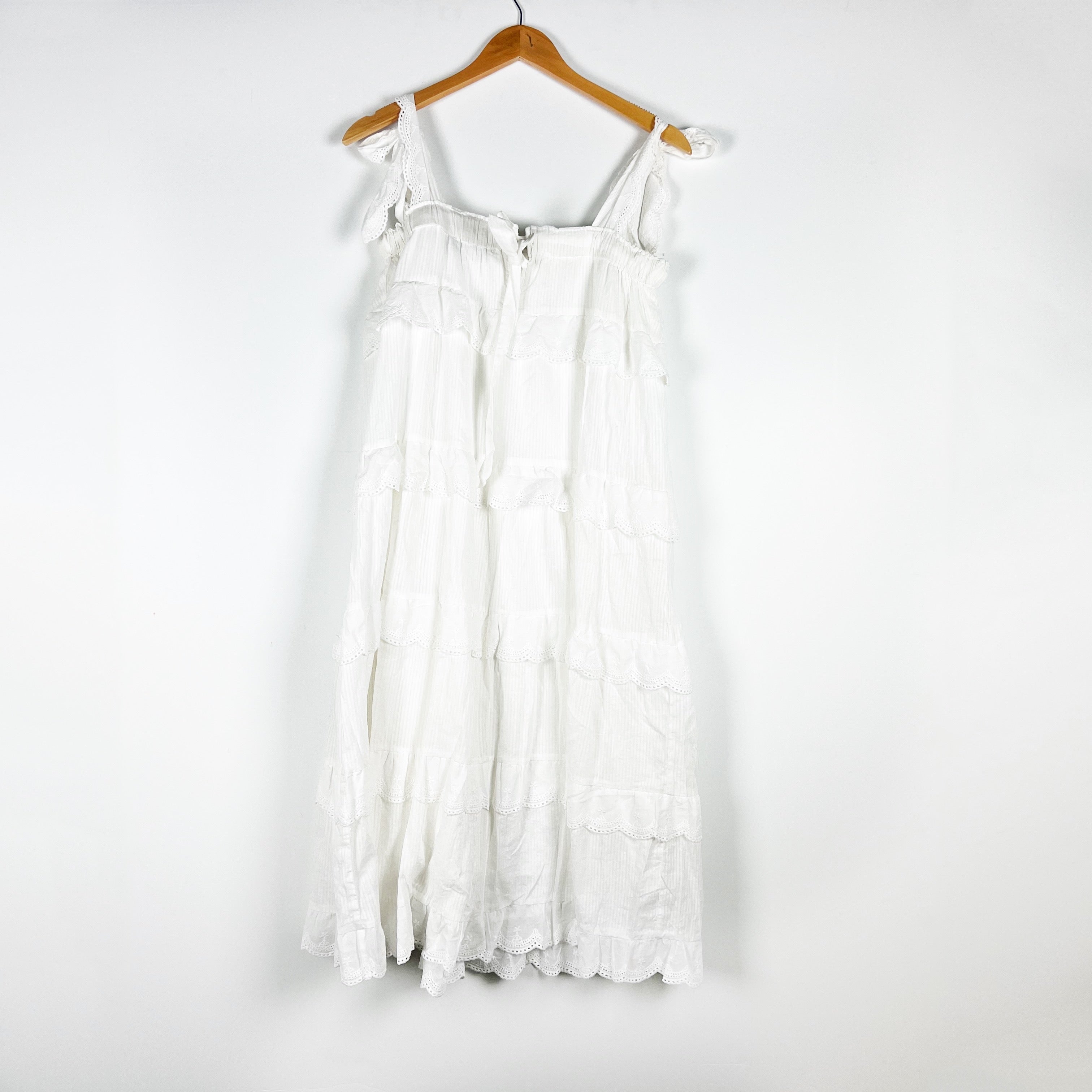 NEW Petal And Pup Harriette Cotton Ruffle Eyelet Tiered Midi Dress White XS