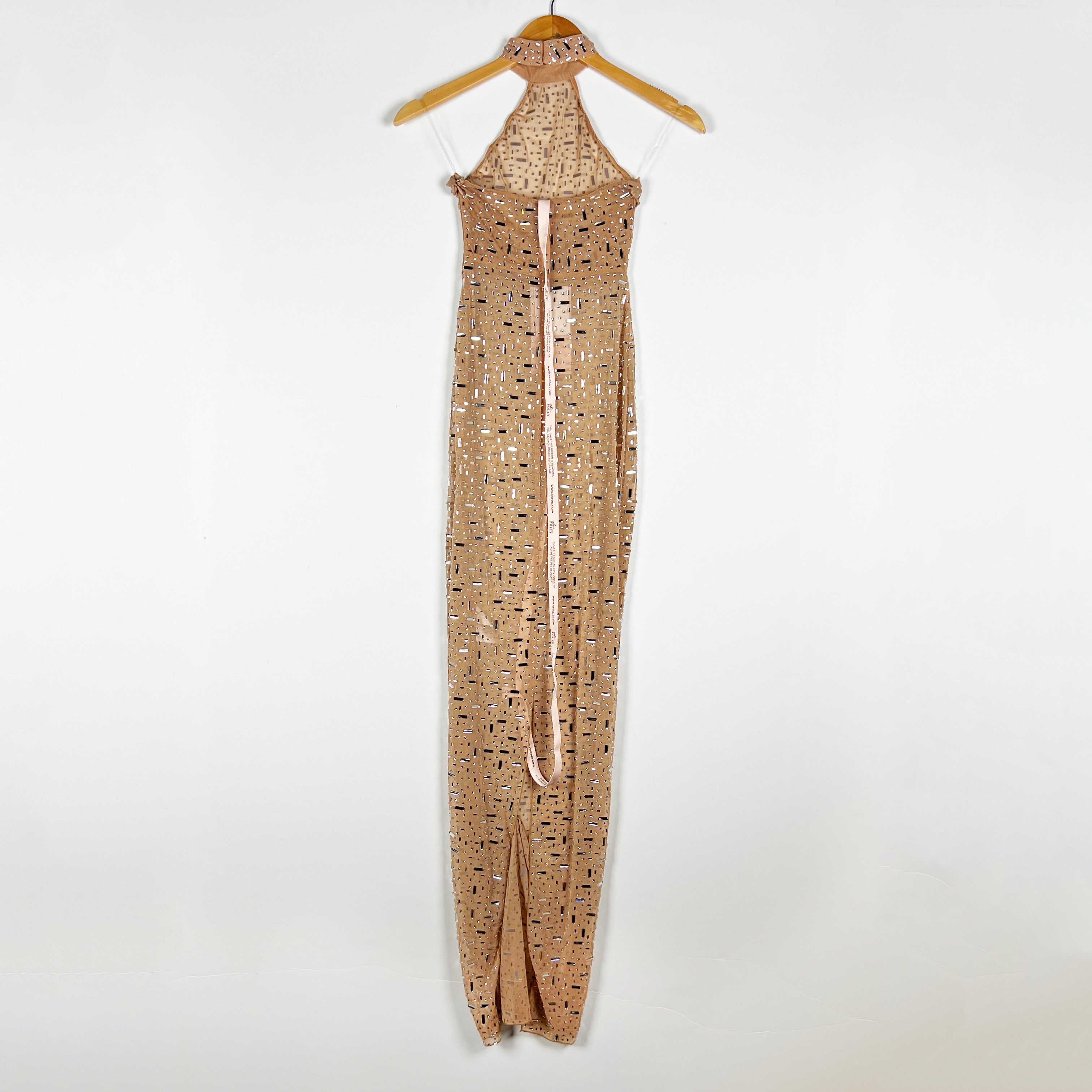 NEW Oh Polly Soraya Sheer Diamond Embellished High Neck Evening Gown Almond 0