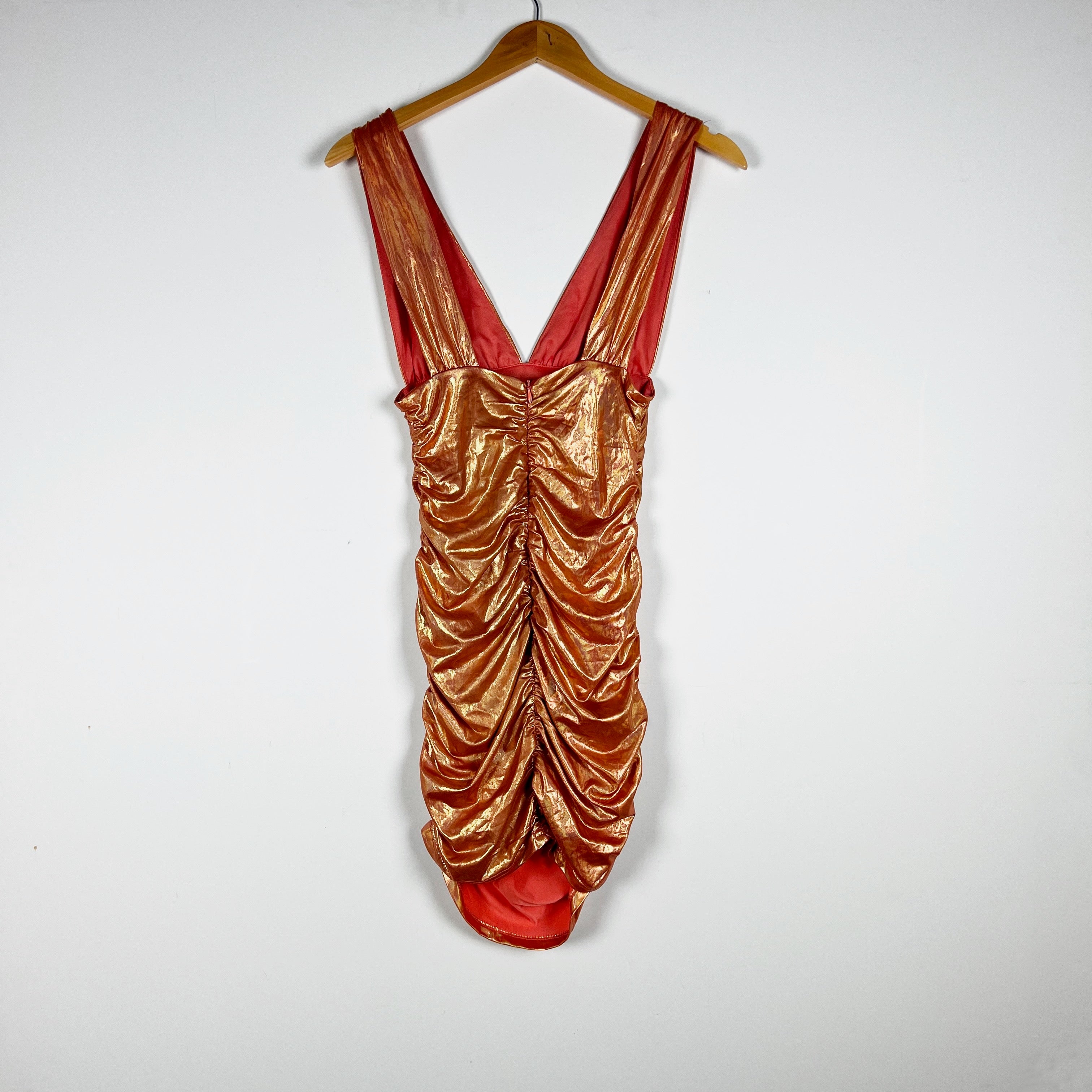 Superdown Kerrie Deep V Neck Metallic Holographic Orange Sparkle Ruched Dress XS