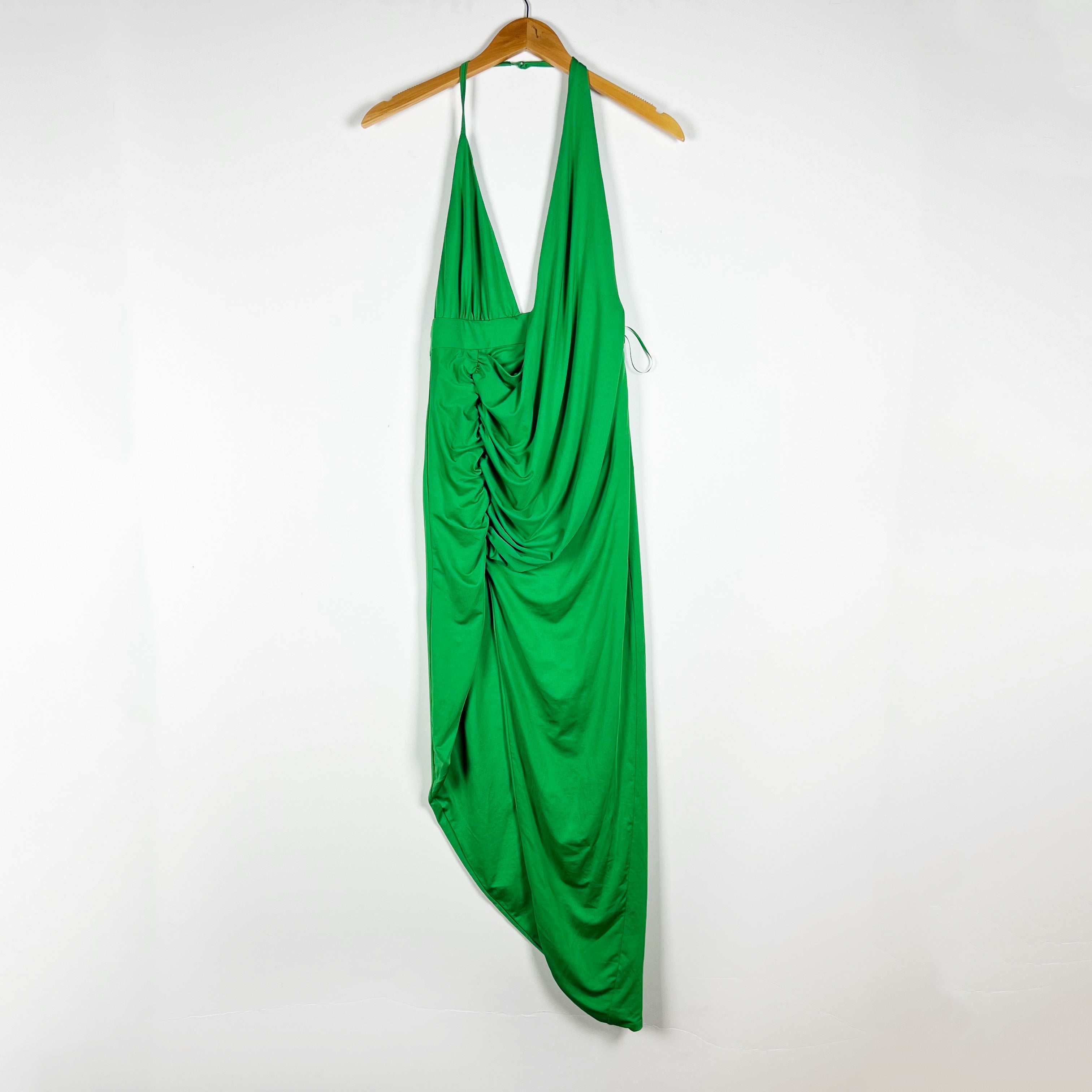 Superdown Mia Drape Ruched Jersey Knit Stretch Halterneck Midi Dress Kelly Green