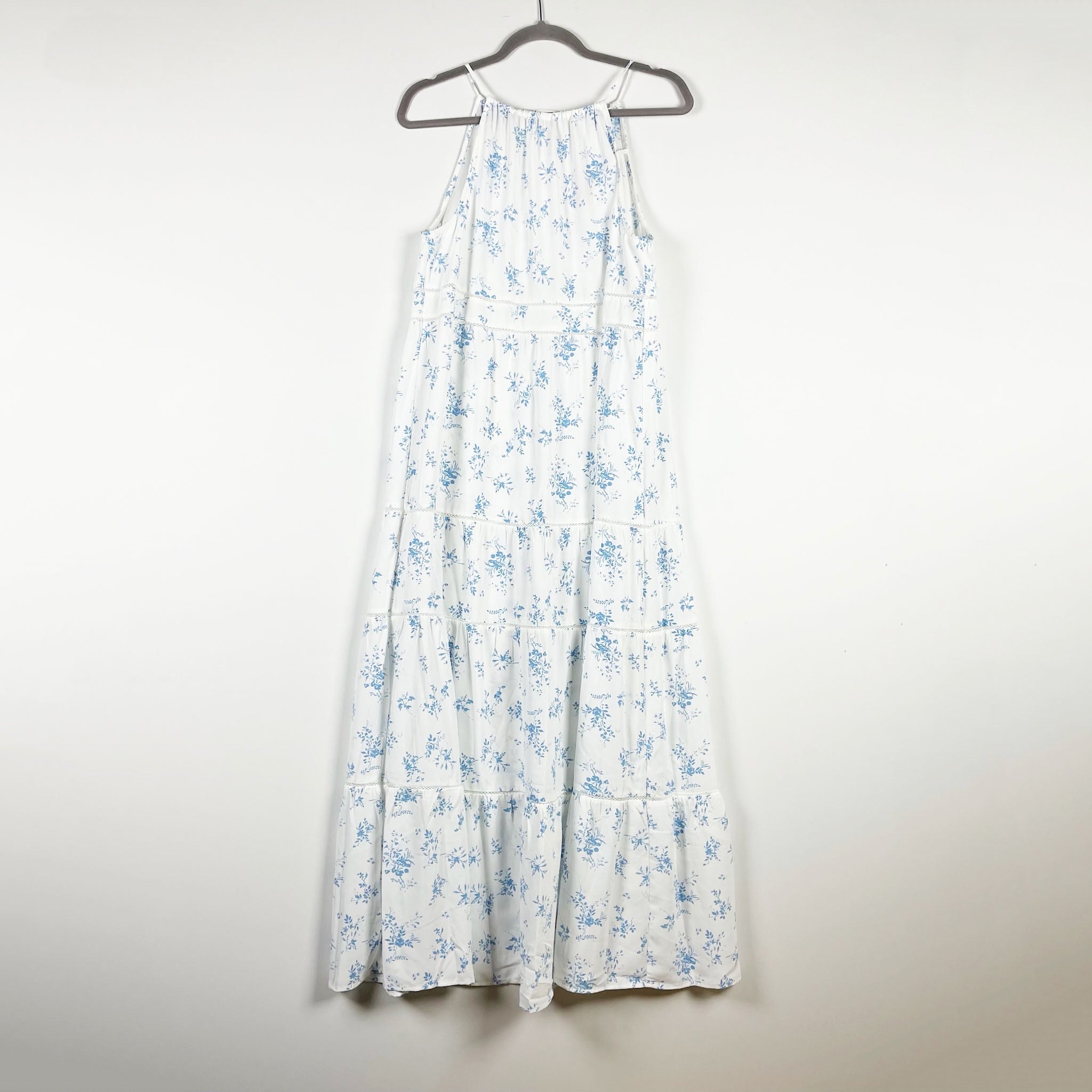 NEW MNG Exclusive Collection Micro Blue White Floral Print Tiered Maxi Dress M