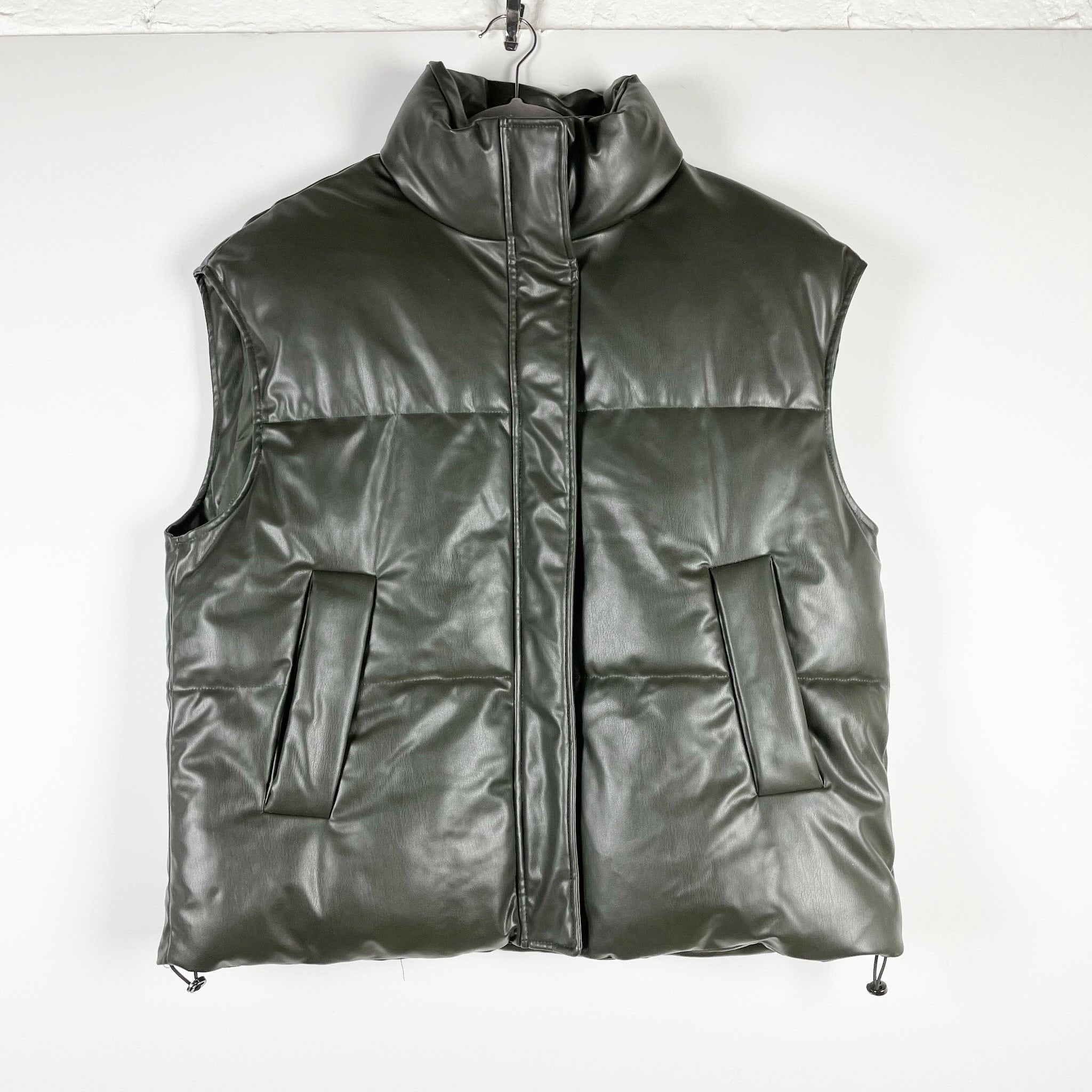 Zara Faux Vegan Leather Quilted Puffer Sleeveless Full Zip Vest Jacket Black