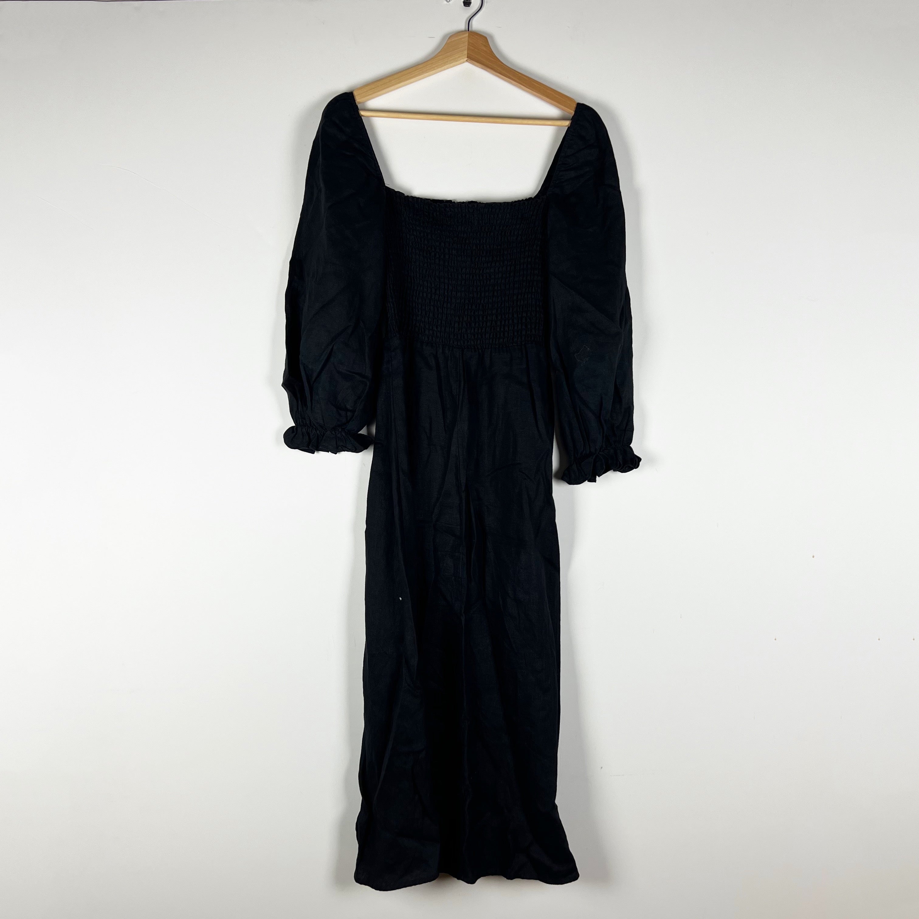 Reformation Hyland Linen Smocked Stretch Bodice Square Neck Long Sleeve Dress XS