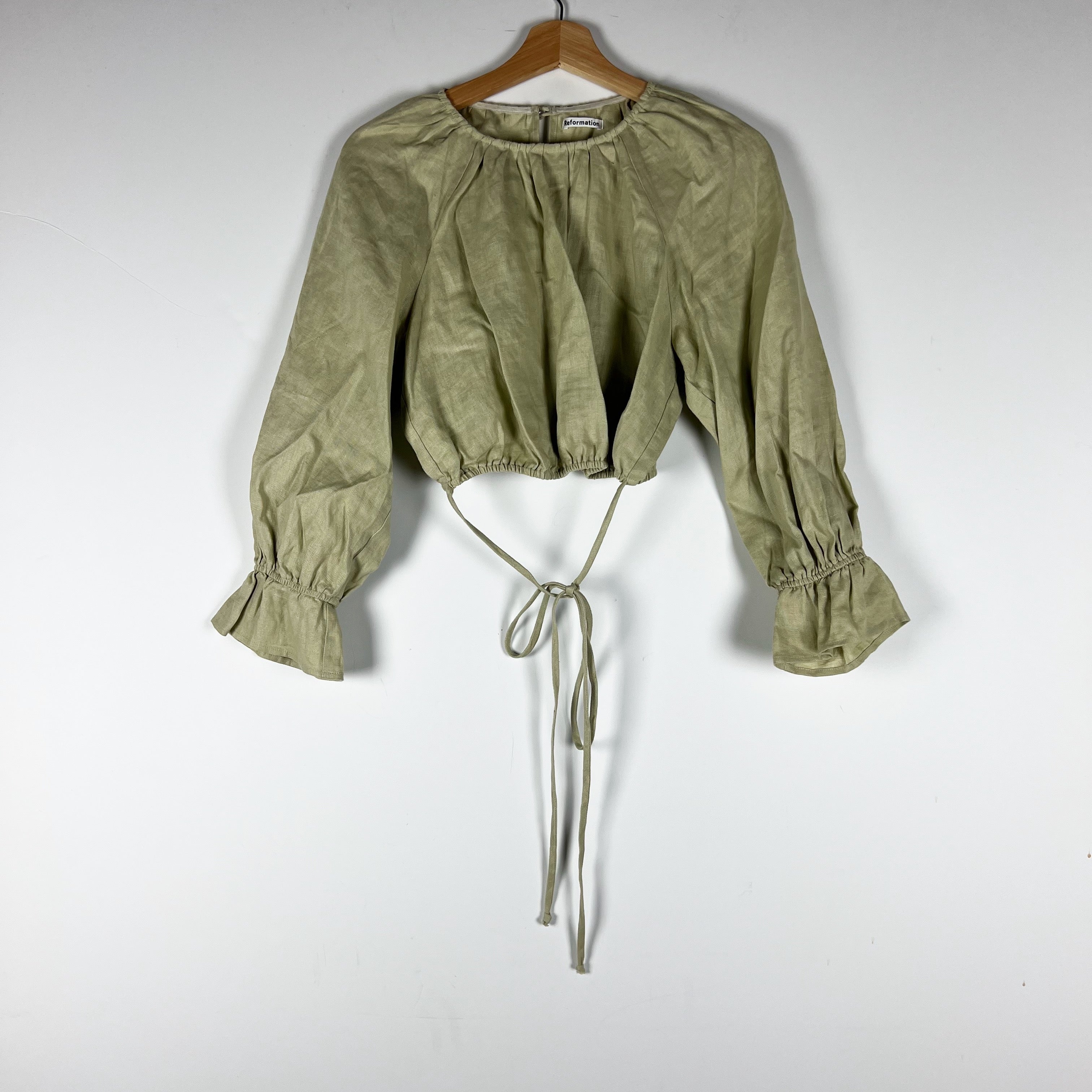 Reformation Bacall Linen Cinch Waist Long Sleeve Crop Top Blouse Dried Herbs S