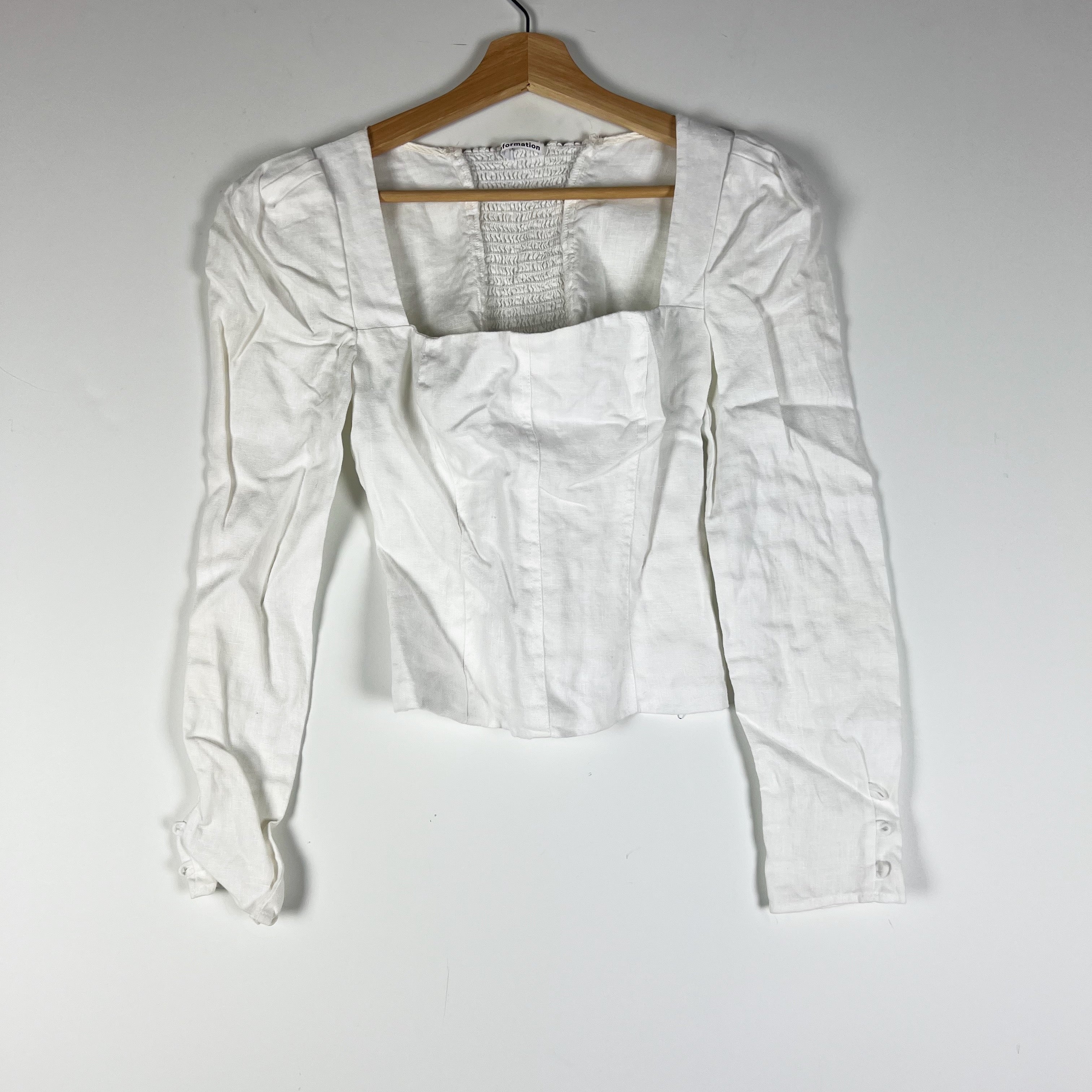 Reformation Stilton Linen Smocked Back Square Neck Long Sleeve Blouse Shirt Top