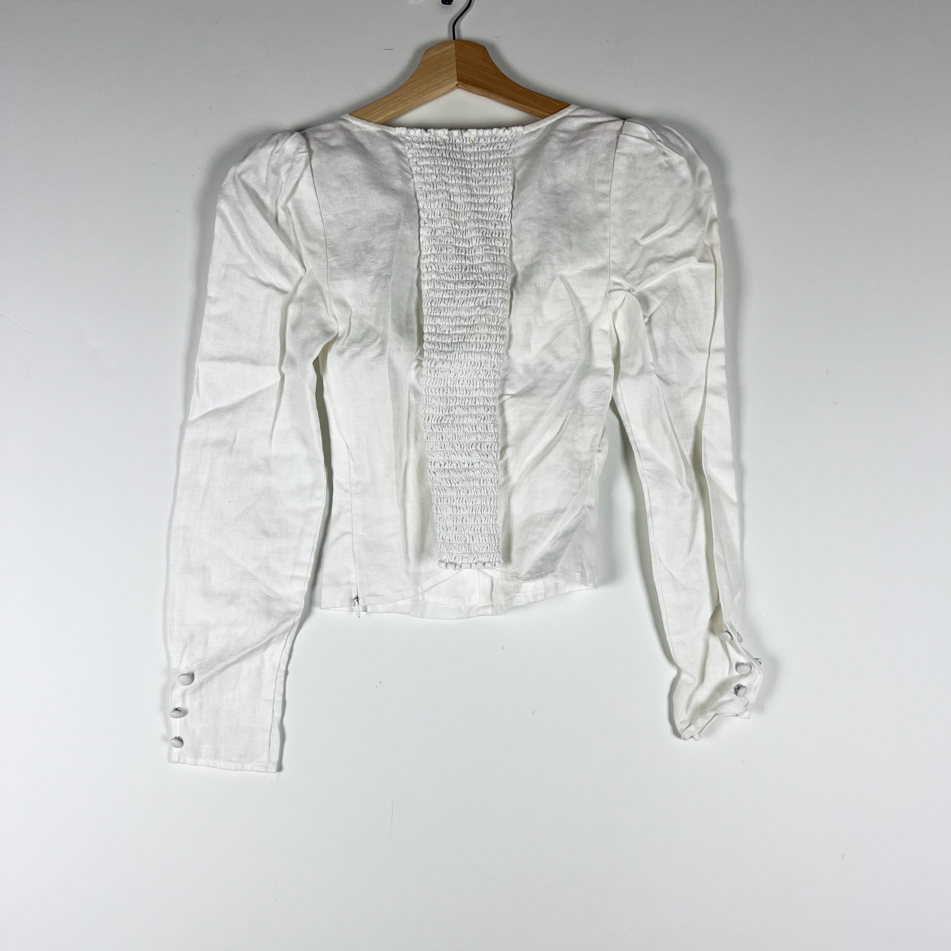 Reformation Stilton Linen Smocked Back Square Neck Long Sleeve Blouse Shirt Top