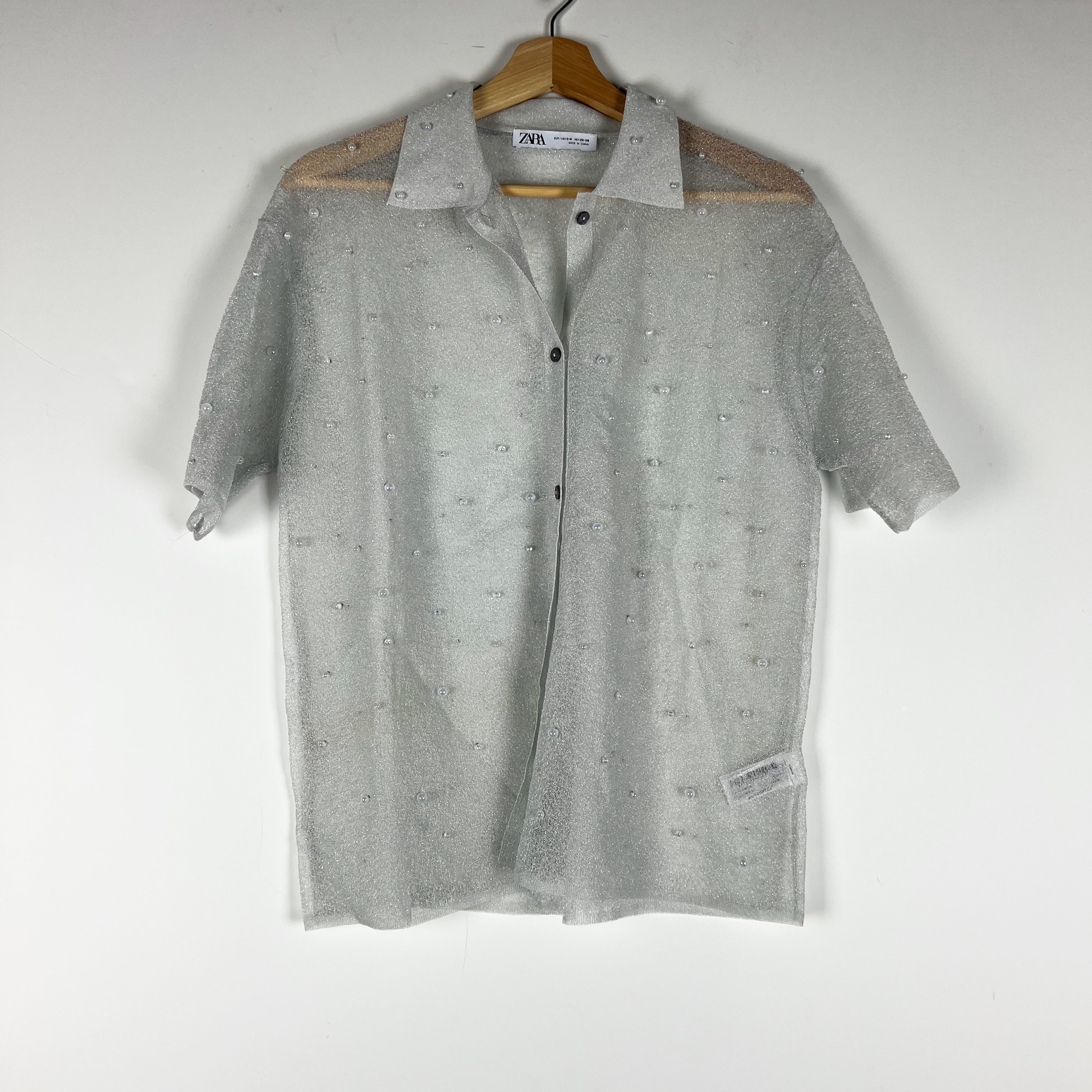 Zara Women's Sheer Mesh Translucent Beaded Embellished Collared Sweater Top M