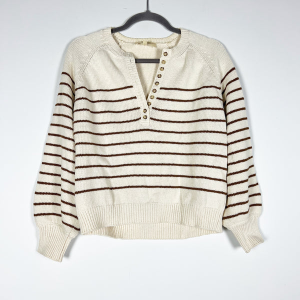 Sezane Leontine Cotton Henley Button Collar Pullover Jumper Sweater Ecru Camel
