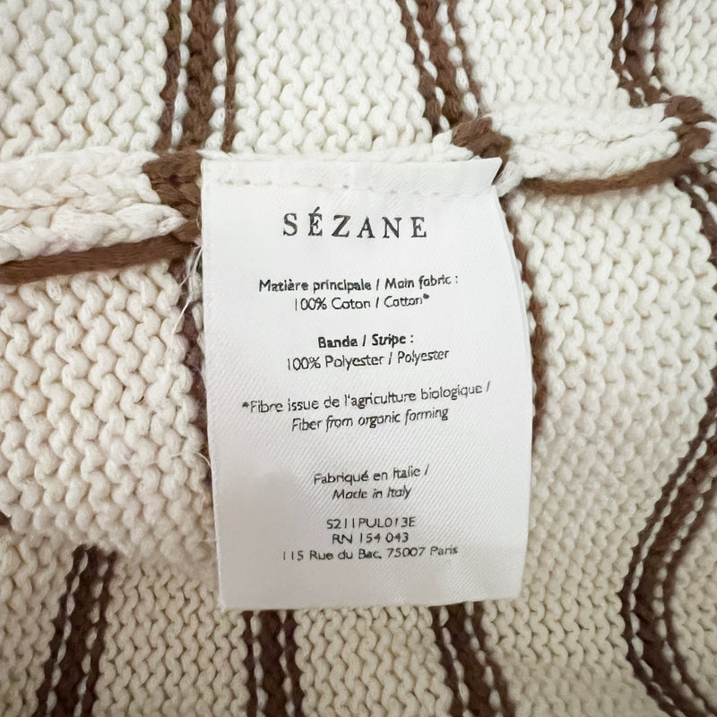 Sezane Leontine Cotton Henley Button Collar Pullover Jumper Sweater Ecru Camel