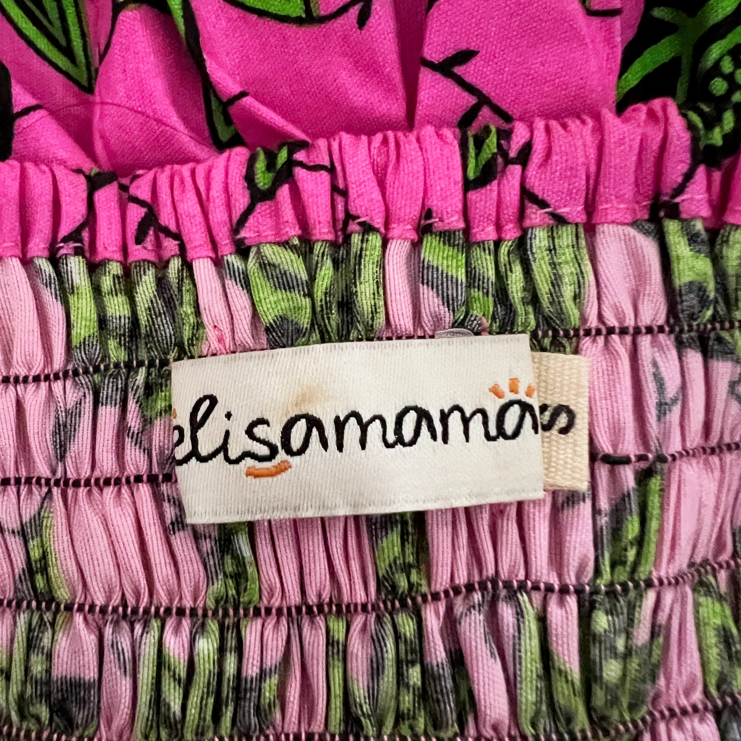 Elisamama June Cotton Stretch Smocked Bodice Puff Sleeve Mini Dress Pink Green S