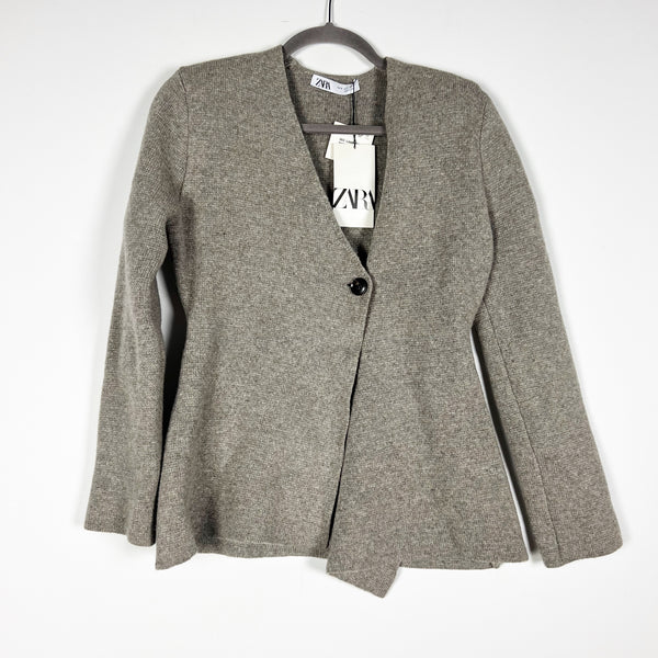 NEW Zara Wool Blend Stretch Knit One Button Cardigan Sweater Gray Small