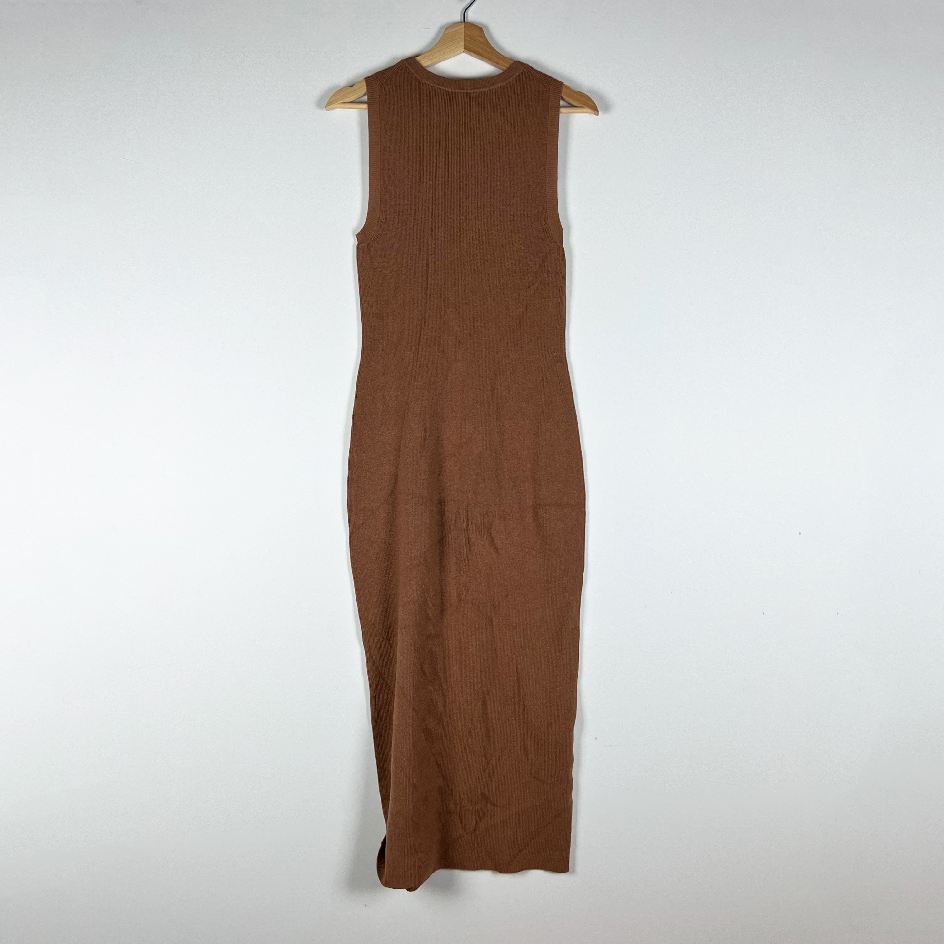 Jenni Kayne Cotton Cashmere Ribbed Knit Stretch Scoop Neck Sweater Dress Brown S