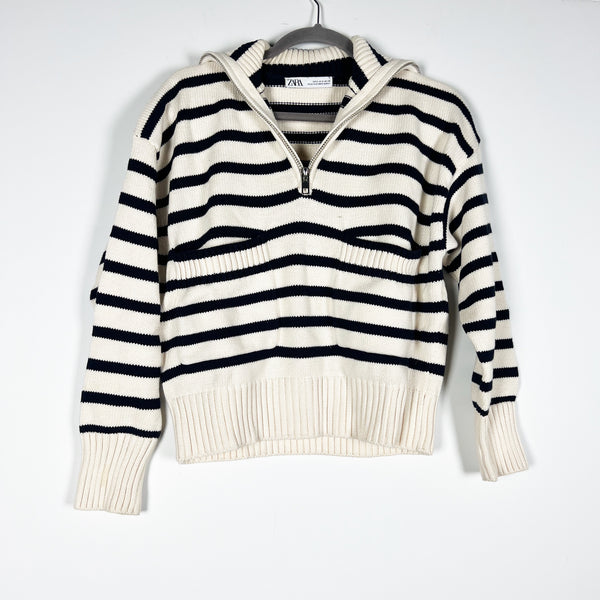 Zara Women's Cotton Knit Stretch Funnel Neck spread Collar Striped Sweater Small