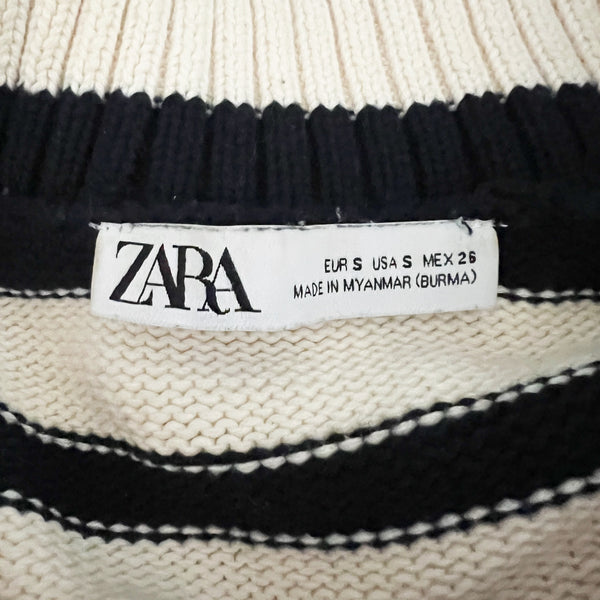 Zara Women's Cotton Knit Stretch Funnel Neck spread Collar Striped Sweater Small