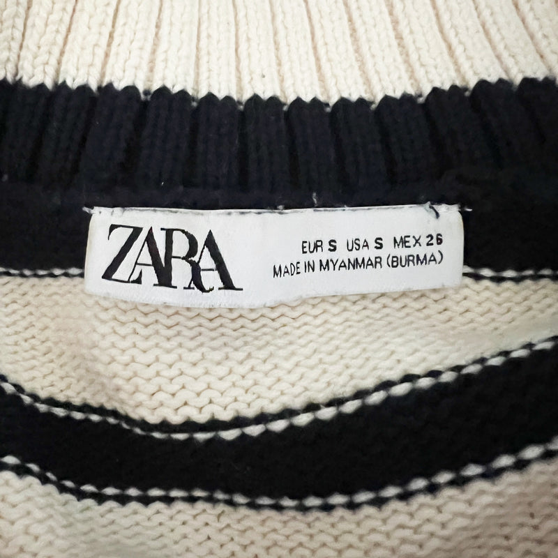 Zara Women's Cotton Knit Stretch Funnel Neck spread Collar Striped Sweater Small
