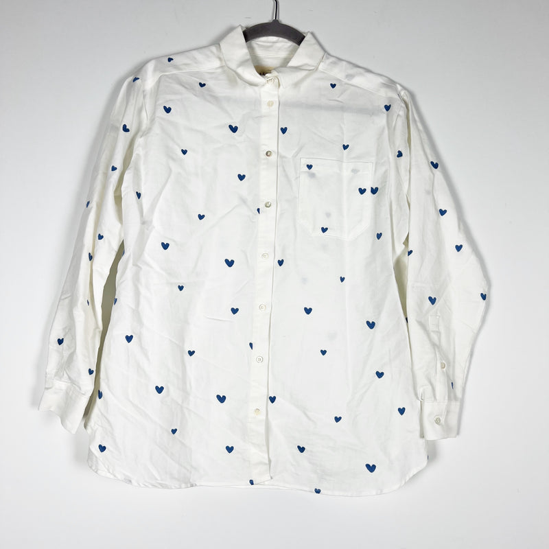 Sezane Max Shirt Cotton Embroidered Blue Hearts Collared Button Down Blouse Top