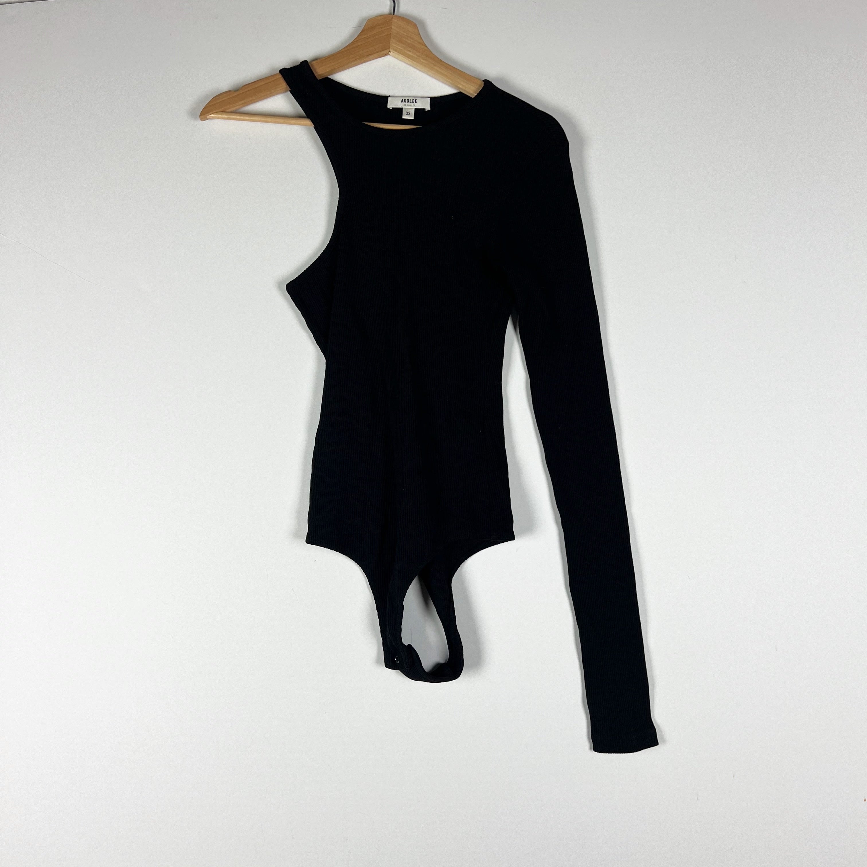 Agolde Bea Cutaway Ribbed Knit Stretch One Long Sleeve Bodysuit Solid Black XS