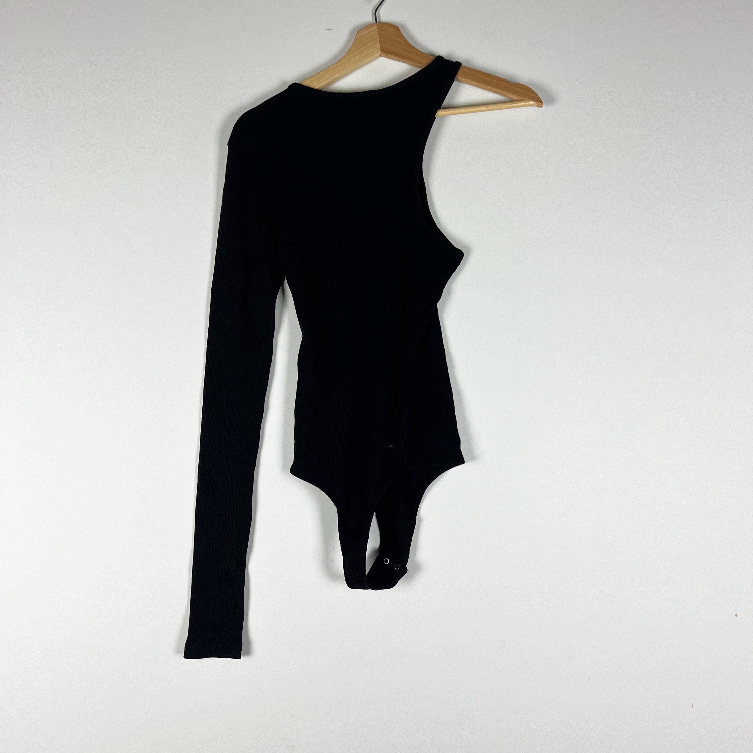 Agolde Bea Cutaway Ribbed Knit Stretch One Long Sleeve Bodysuit Solid Black XS