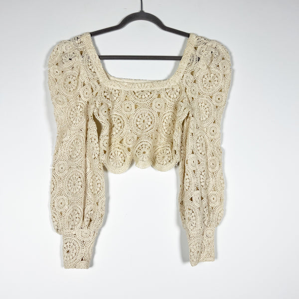 Zara Cotton Crochet Knit Semi Sheer Square Neck Puff Long Sleeve Blouse Ivory S