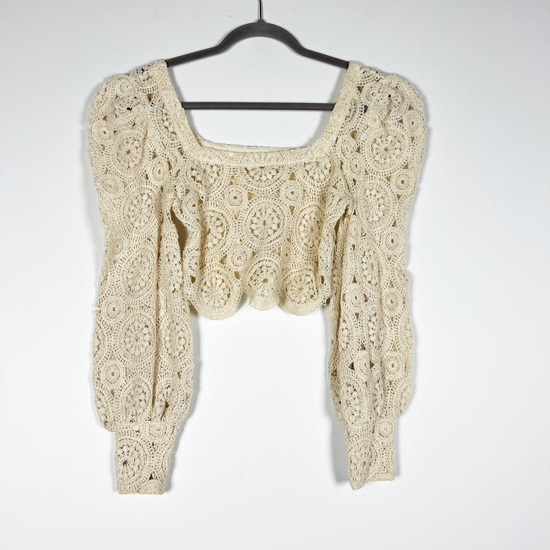 Zara Cotton Crochet Knit Semi Sheer Square Neck Puff Long Sleeve Blouse Ivory S