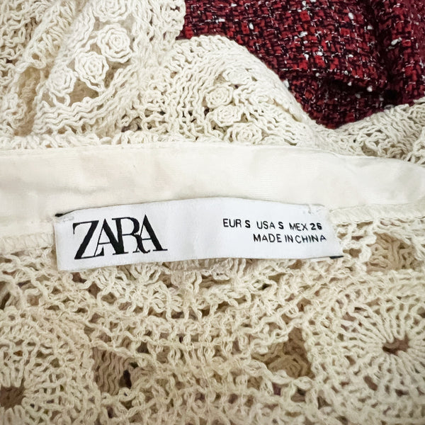 Zara Cotton Crochet Knit Semi Sheer Square Neck Puff Long Sleeve Blouse Ivory S