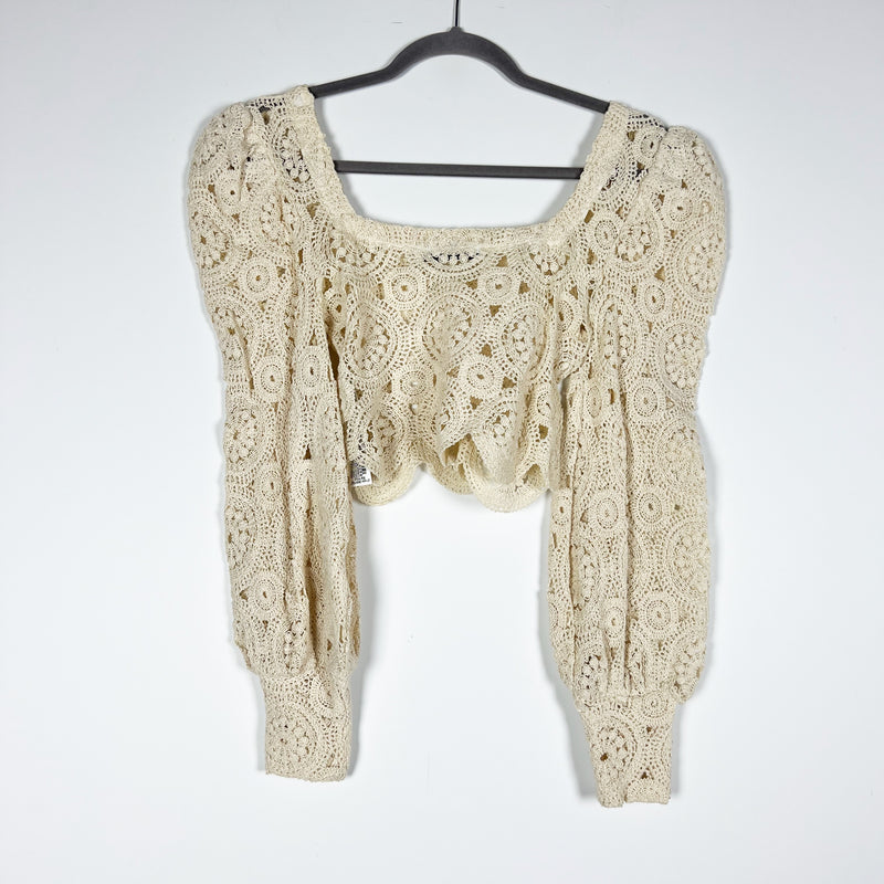 Zara Cotton Crochet Knit Semi Sheer Square Neck Puff Long Sleeve Blouse Ivory S