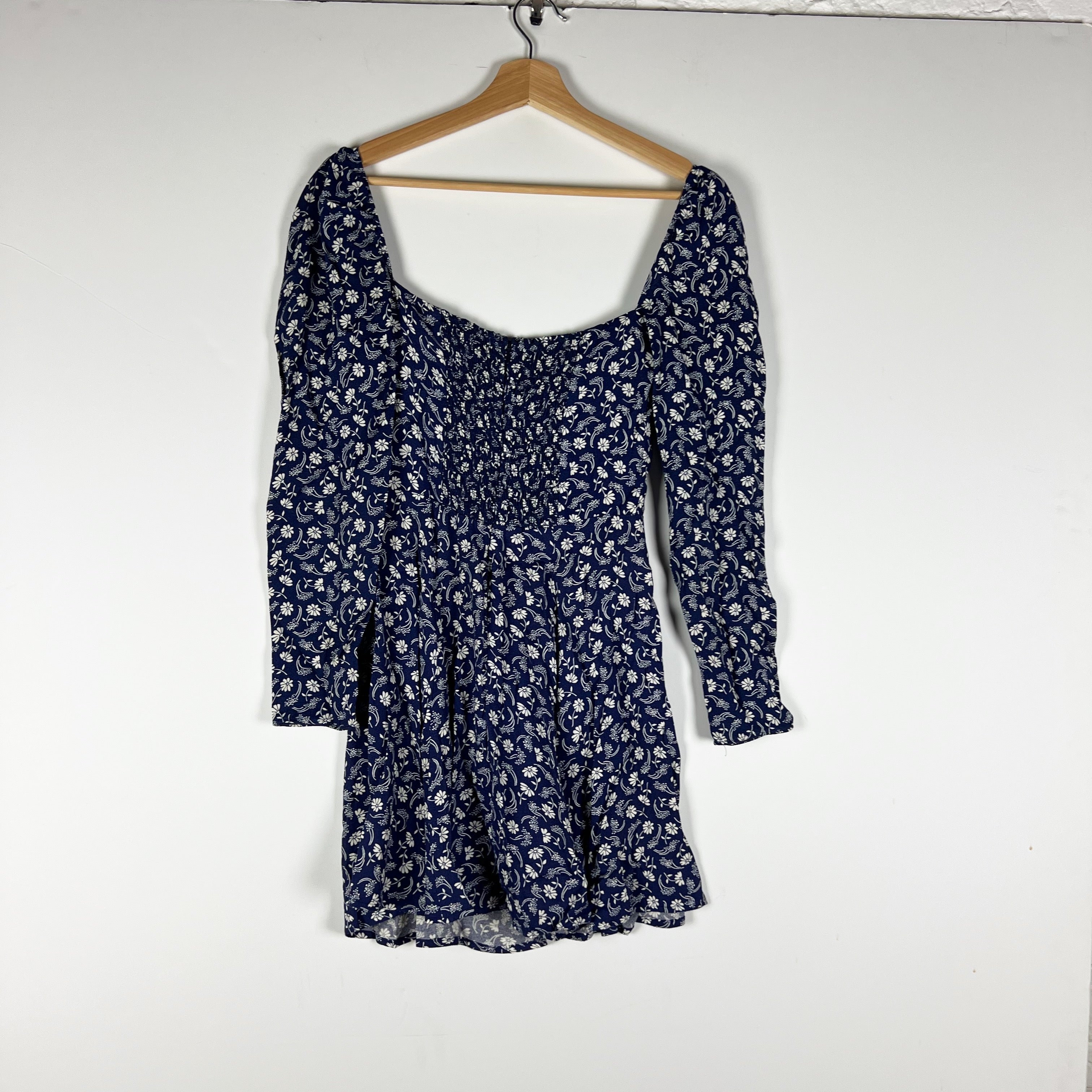 Reformation Sidecar Smocked Stretch Bodice Long Sleeve Mini Ruffle Dress Blue 0