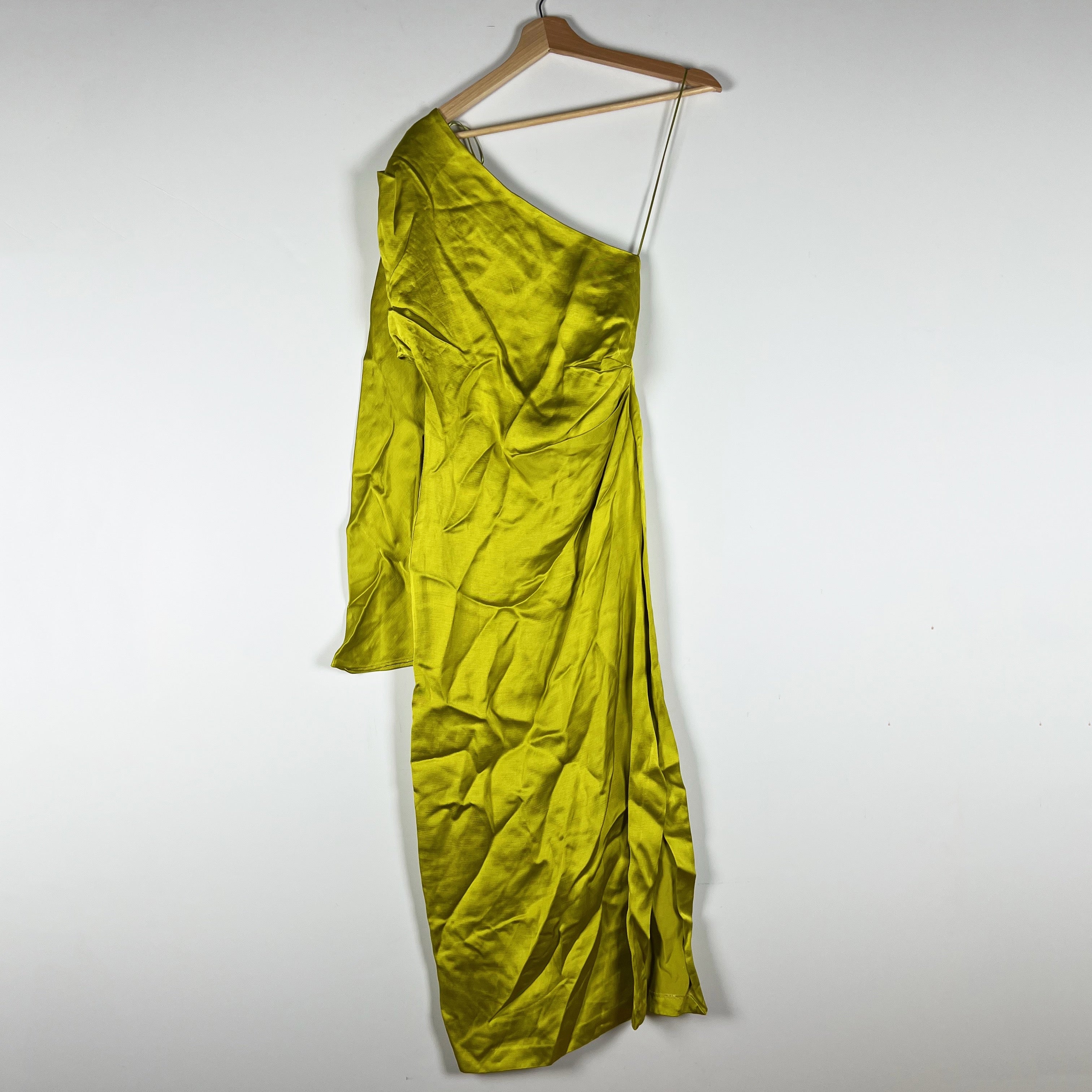 Zara Lime Green Satin One Shoulder Long Sleeve Midi Dress XS