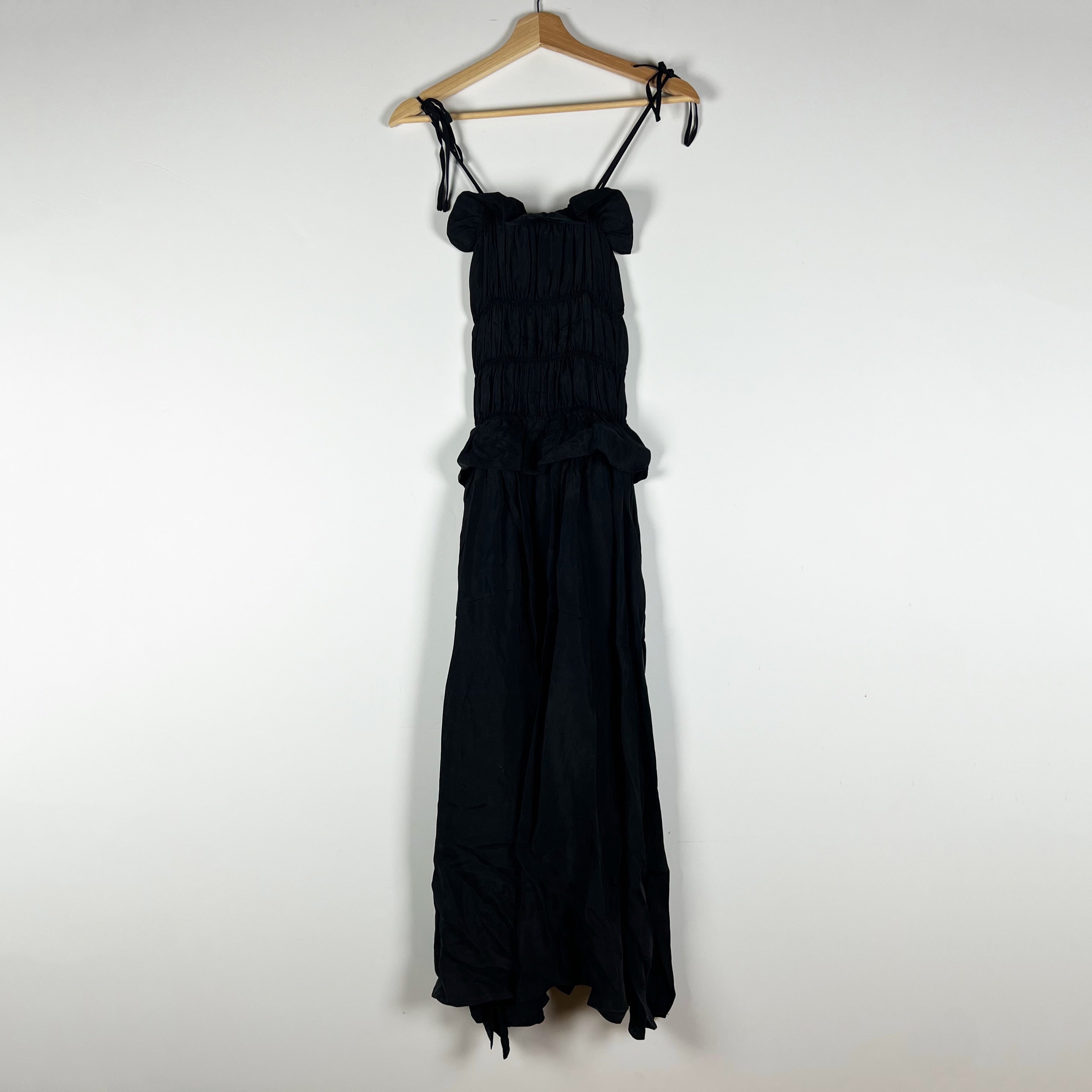 OhSevenDays Satin Ribbed Smocked Stretch Bodice Ruffle Tank Midi Dress Black XS