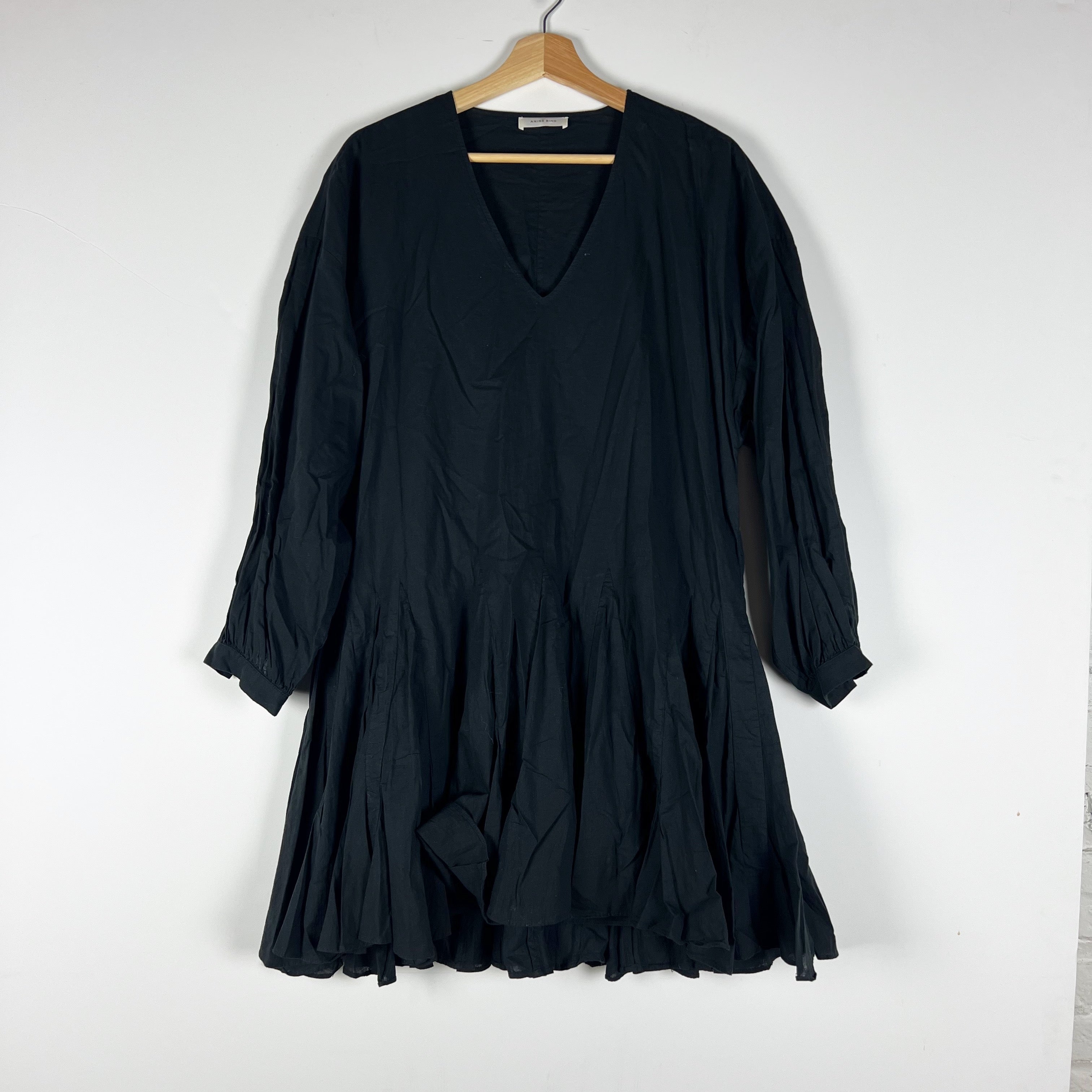 Anine Bing Peyton Cotton Poplin V Neck Long Sleeve Mini Pullover Dress Black XS