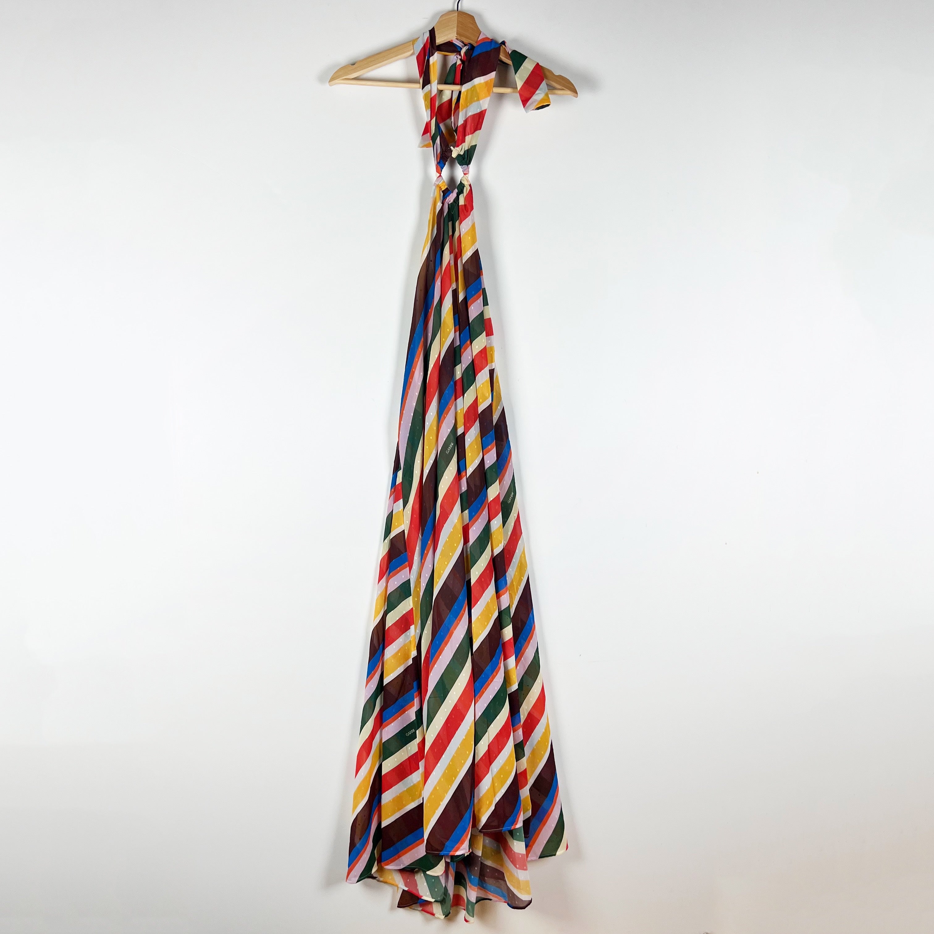 Ganni Light Chiffon Swiss Dot Textured Stripe Print Halterneck Midi Dress Small