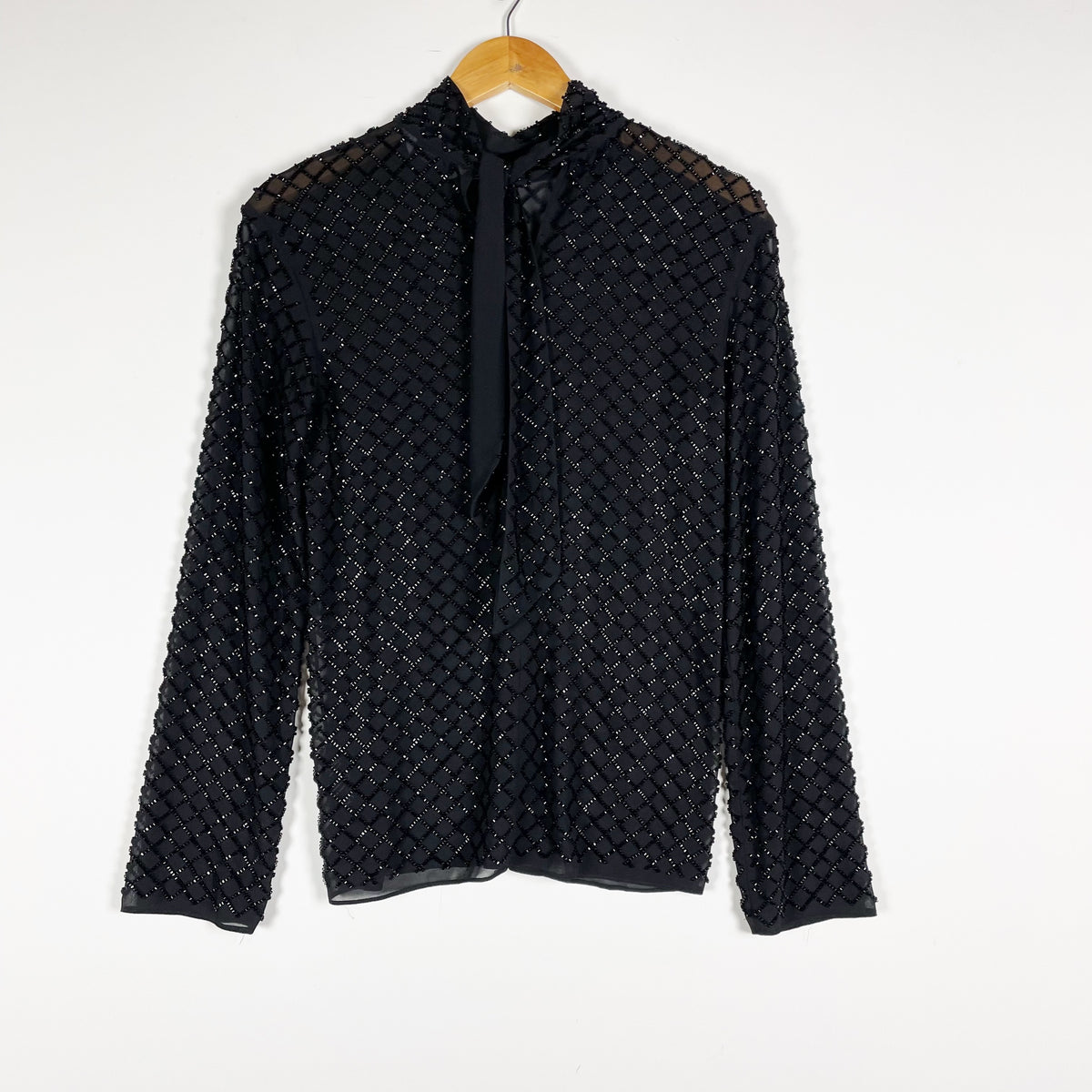 & Other Stories Beaded Embellished Chiffon Tie Neck Long Sleeve Blouse Shirt Top