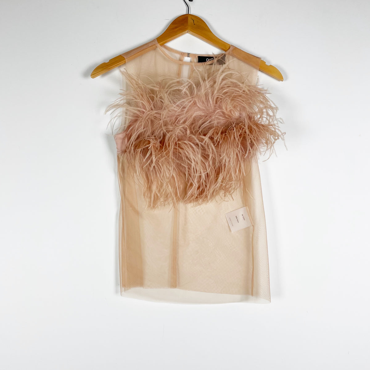 NEW OPT Cali Feather Embellished Sheer Mesh Sleeveless Blouse Shirt Top Nude XS