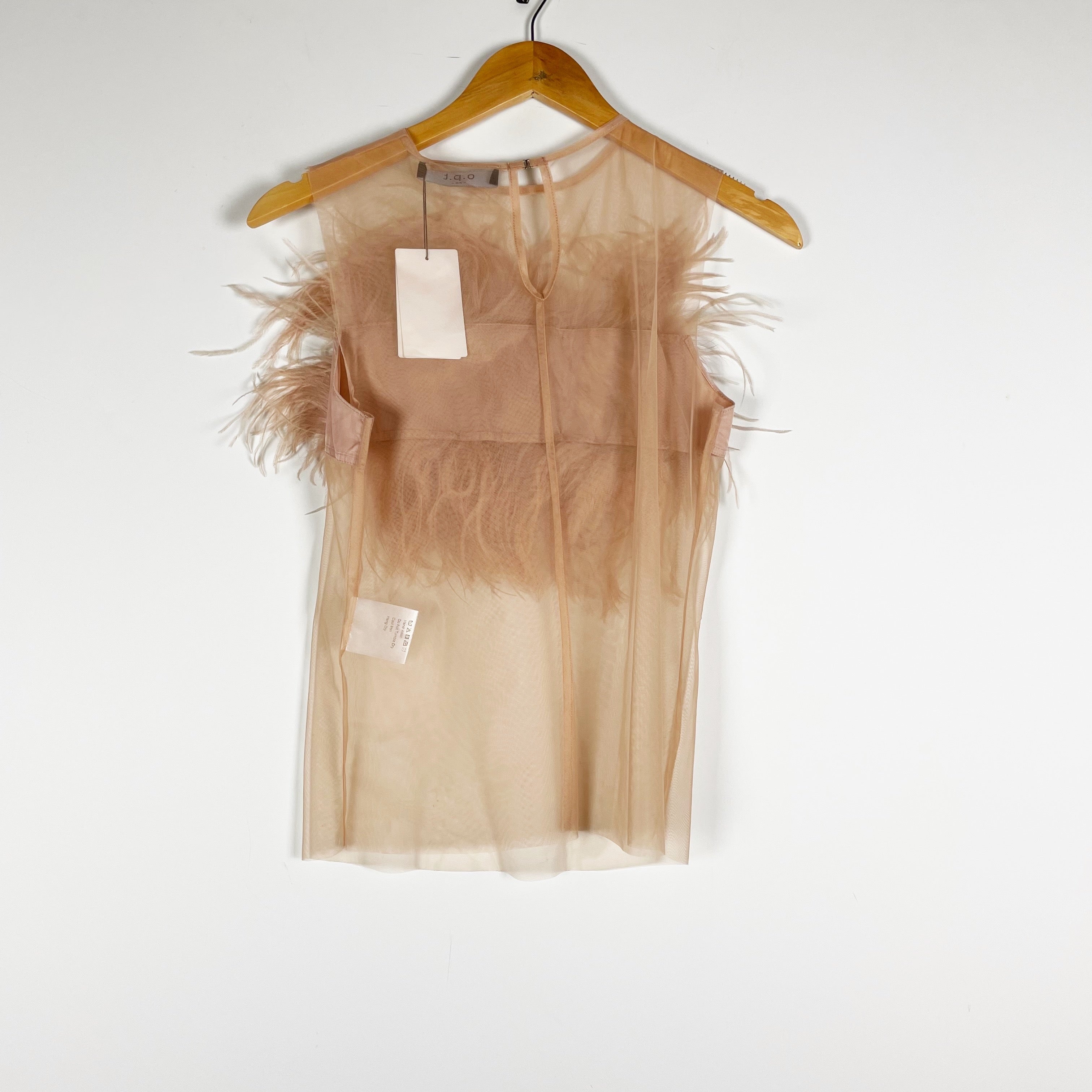 NEW OPT Cali Feather Embellished Sheer Mesh Sleeveless Blouse Shirt Top Nude XS