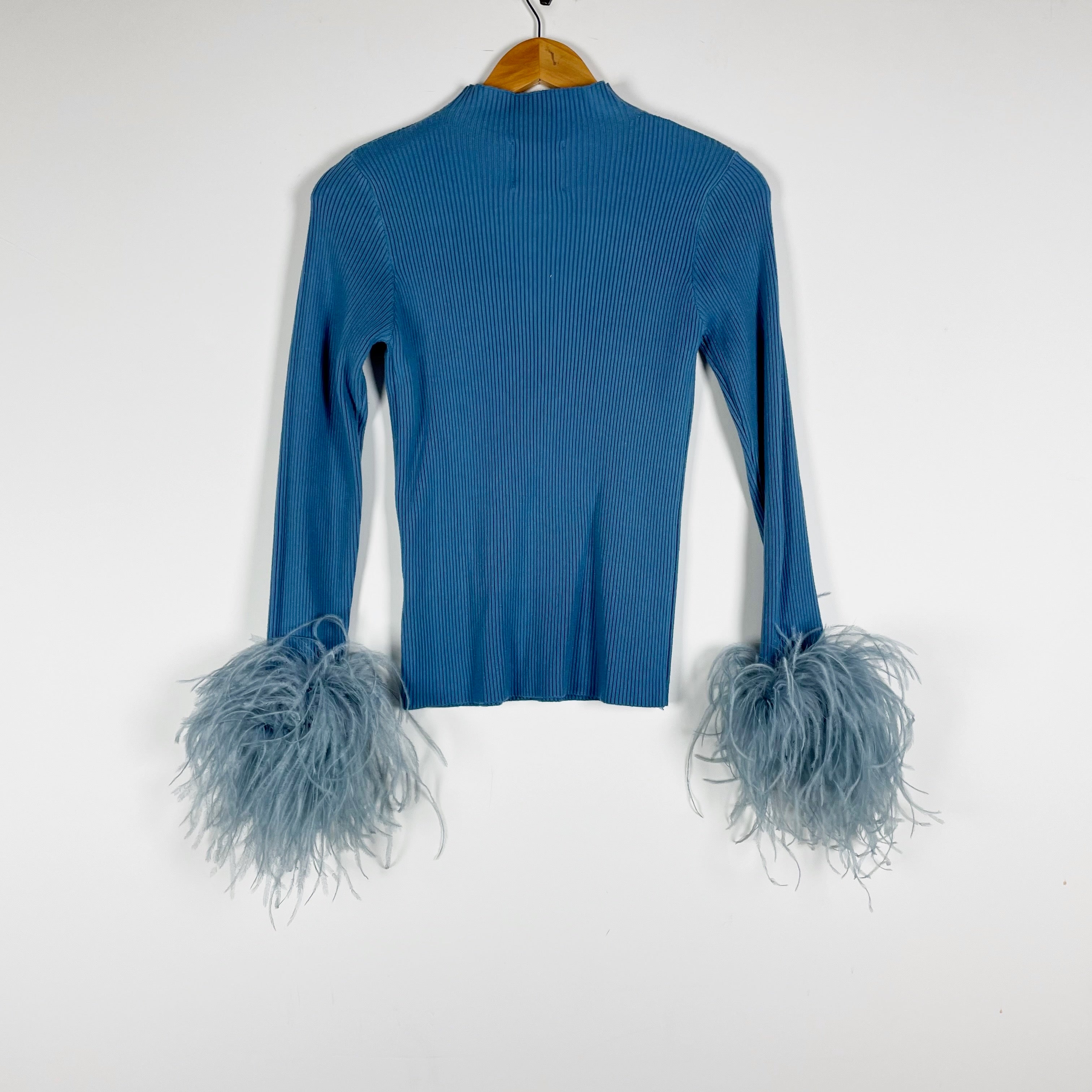 Pello Bello Ribbed Knit Stretch Mock Neck Ostrich Feather Trim Sweater Blue S
