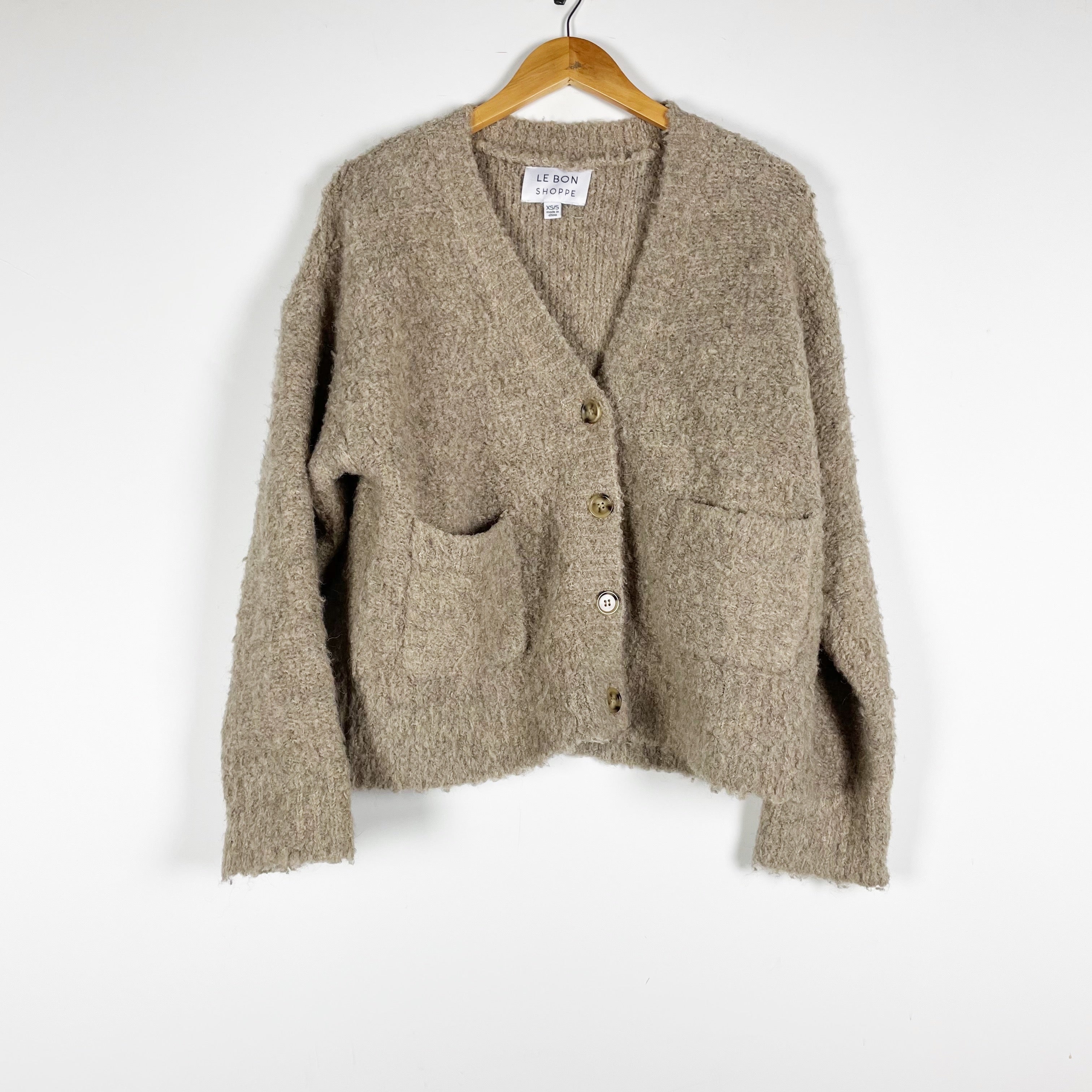 Le Bon Shoppe Chaud Wool Blend Knit Stretch Button Front Cardigan Sweater Beige