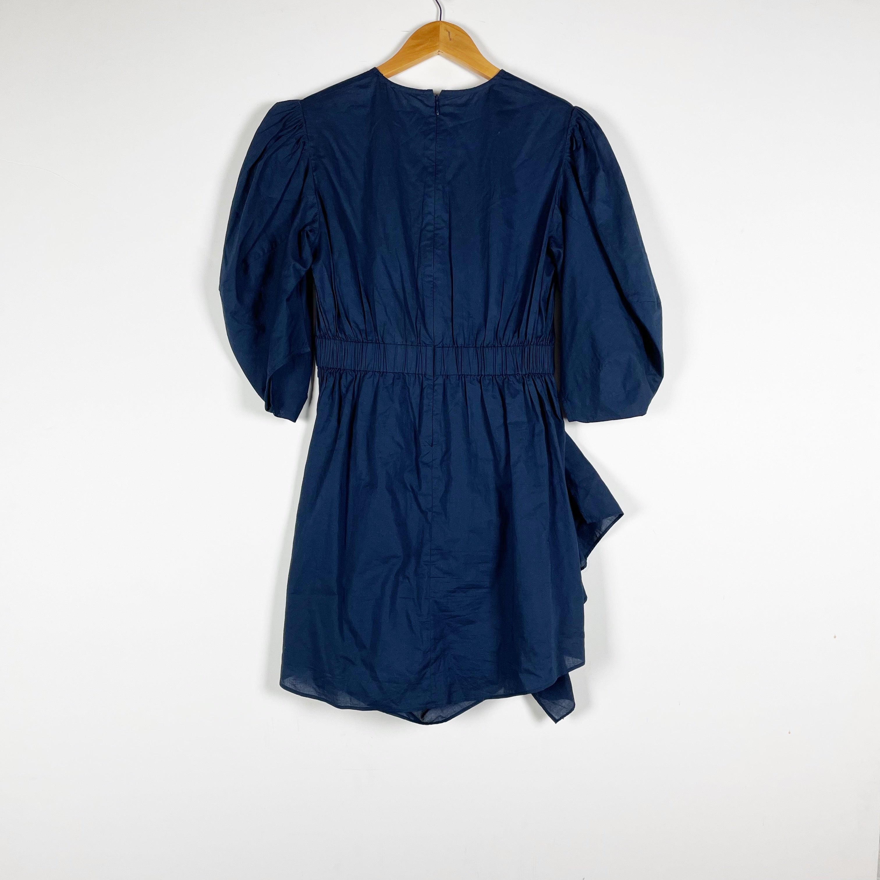 Rhode Pia Cotton Poplin Ruched Draped Puff Sleeve Mini Dress Navy Blue XS