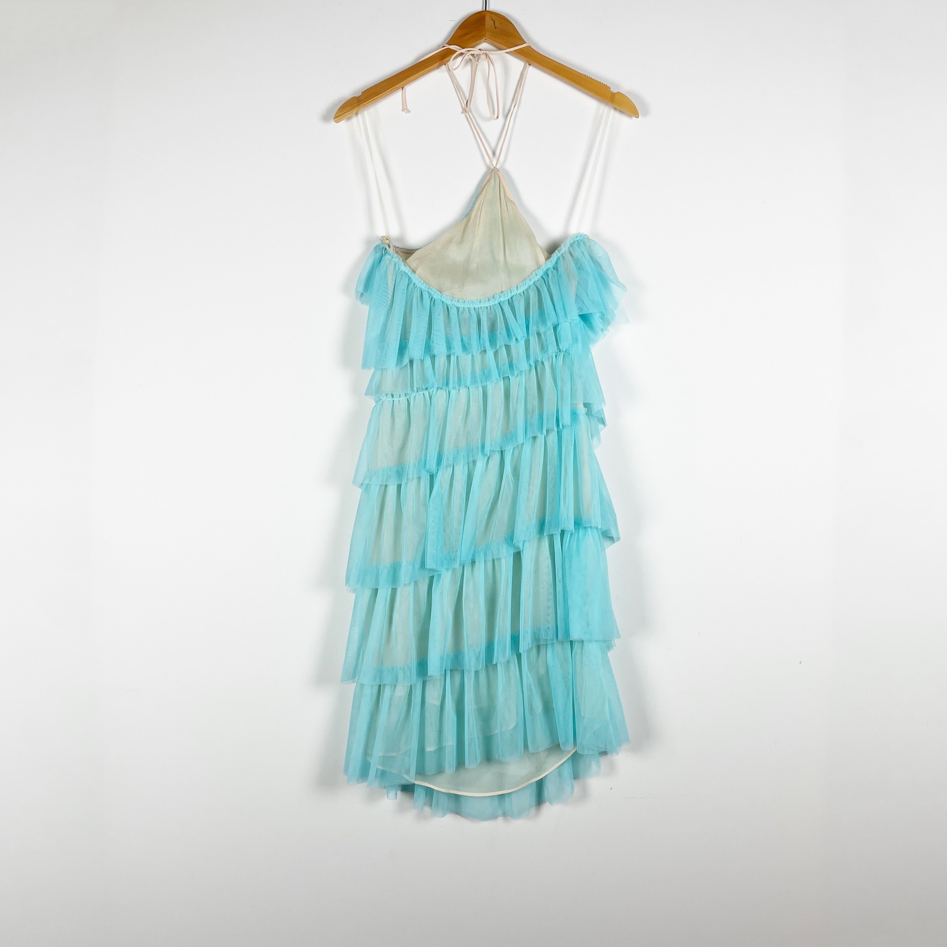 The Bar Kai Tulle Mesh Ruffle Halter Neck Mini Party Dress Blue 0