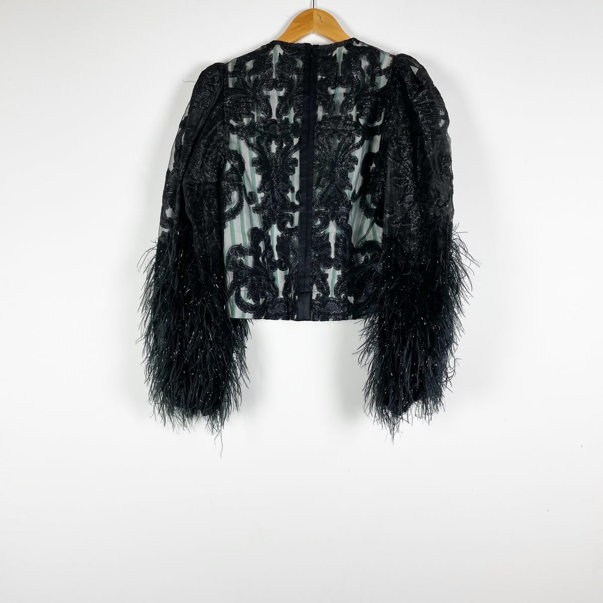 Ganni Feather Trim Organza Metallic Brocade Stripe Blouse Shirt Top Small