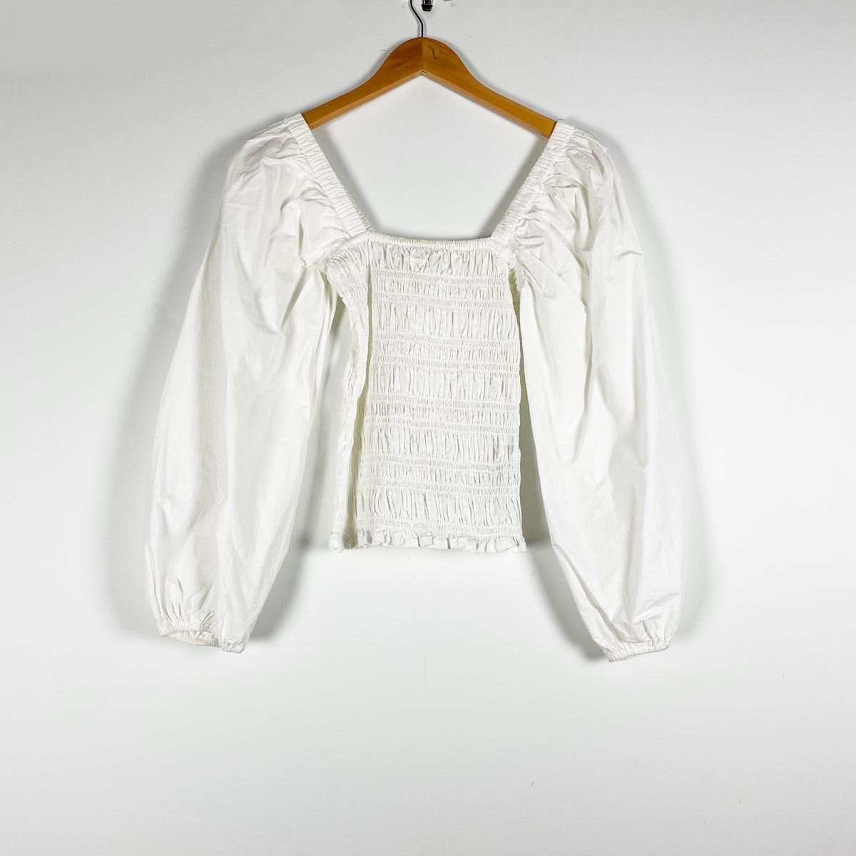 Ganni Cotton Poplin Smocked Bodice Long Sleeve Blouse Shirt Top White Small