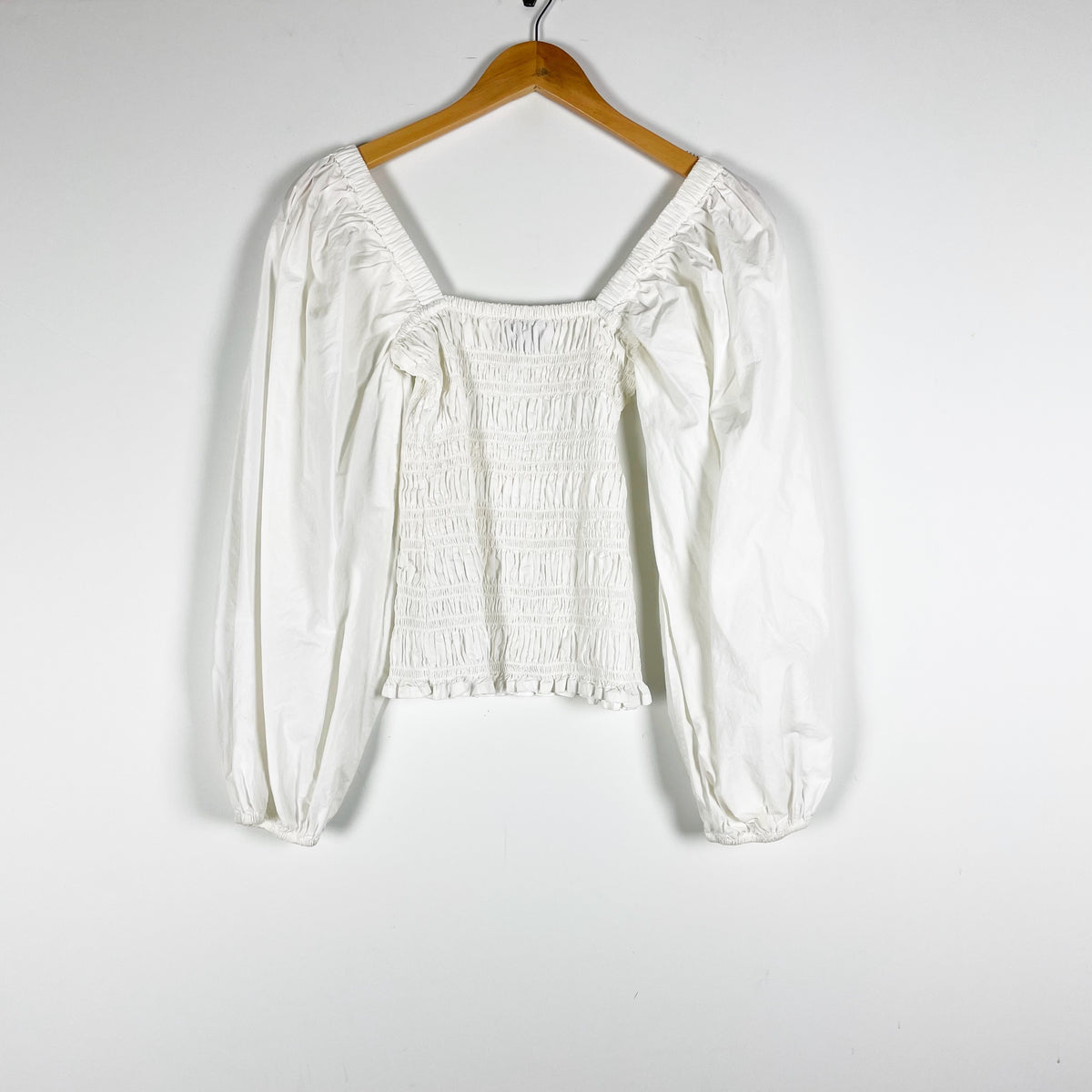 Ganni Cotton Poplin Smocked Bodice Long Sleeve Blouse Shirt Top White Small