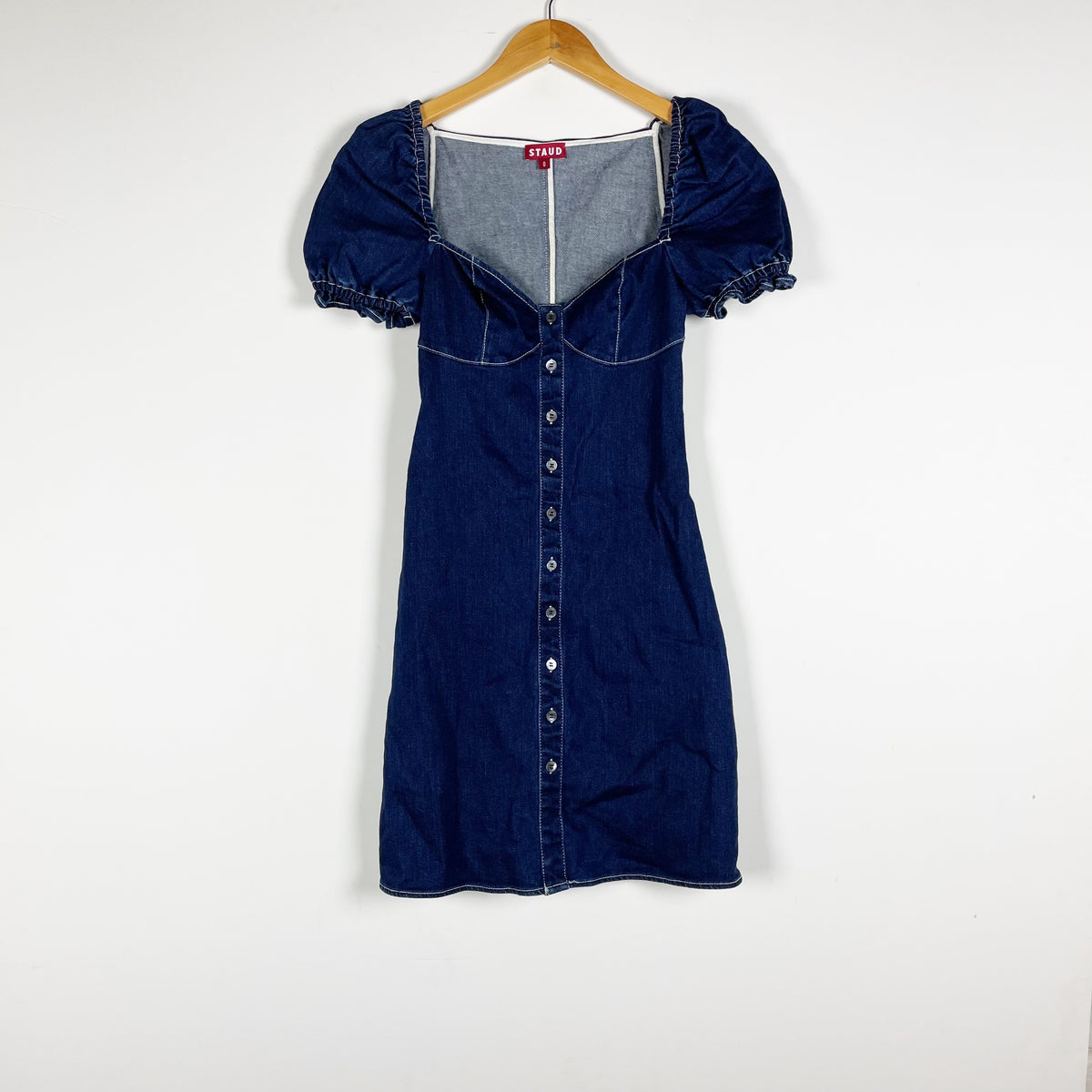 Staud Sur Sweetheart Neck Cotton Stretch Puff Sleeve Mini Denim Jean Dress 0