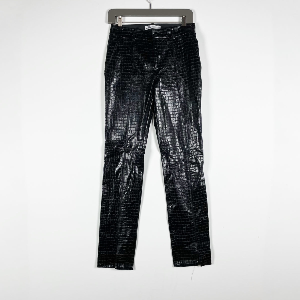 Zara Faux Vegan Leather Croc Embossed Mid Rise Straight Leg Trouser Pants Black