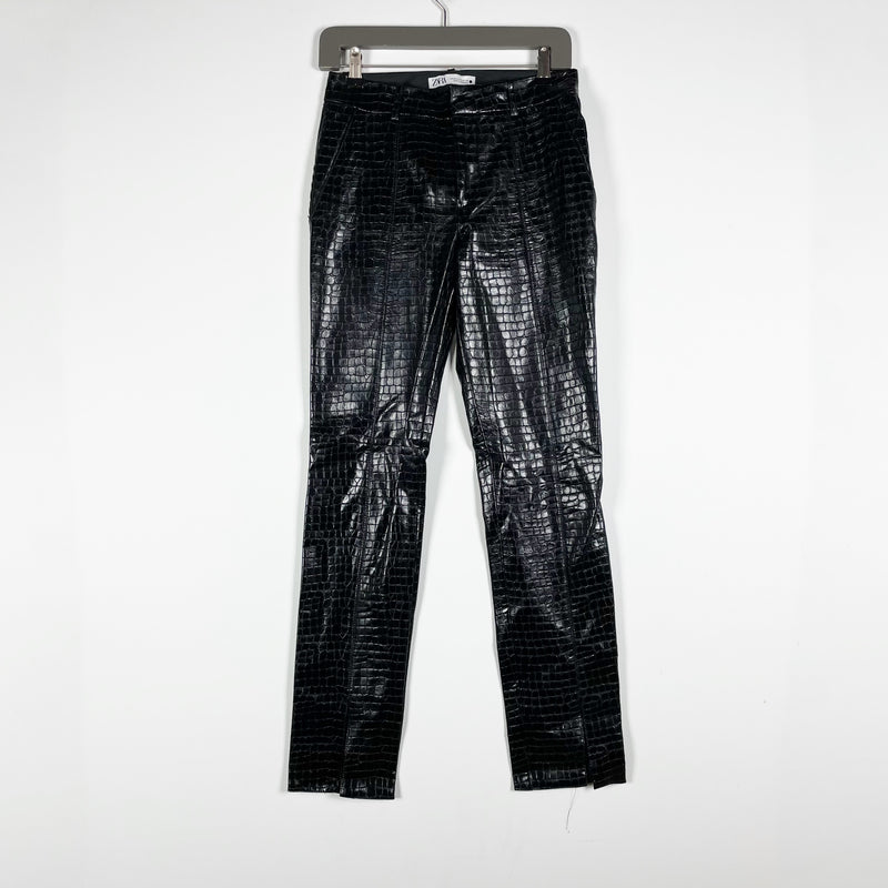 Zara Faux Vegan Leather Croc Embossed Mid Rise Straight Leg Trouser Pants Black