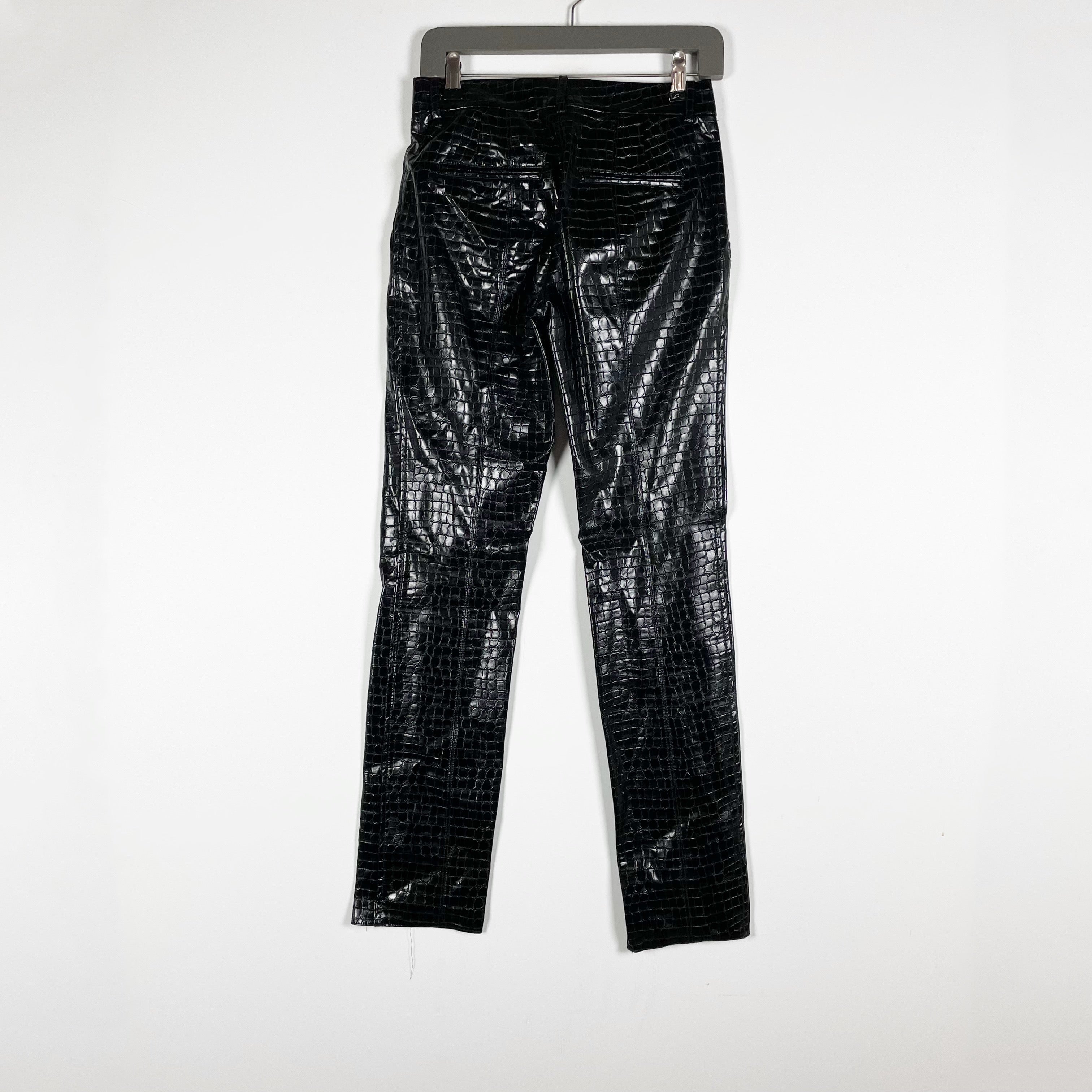 Zara Faux Vegan Leather Croc Embossed Mid Rise Straight Leg Trouser Pants Black