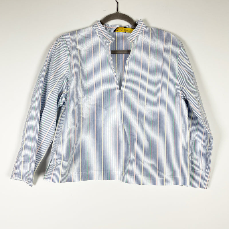 Polo Ralph Lauren Cotton Seersucker Pinstripe V Neck Pullover Blouse Shirt Top M